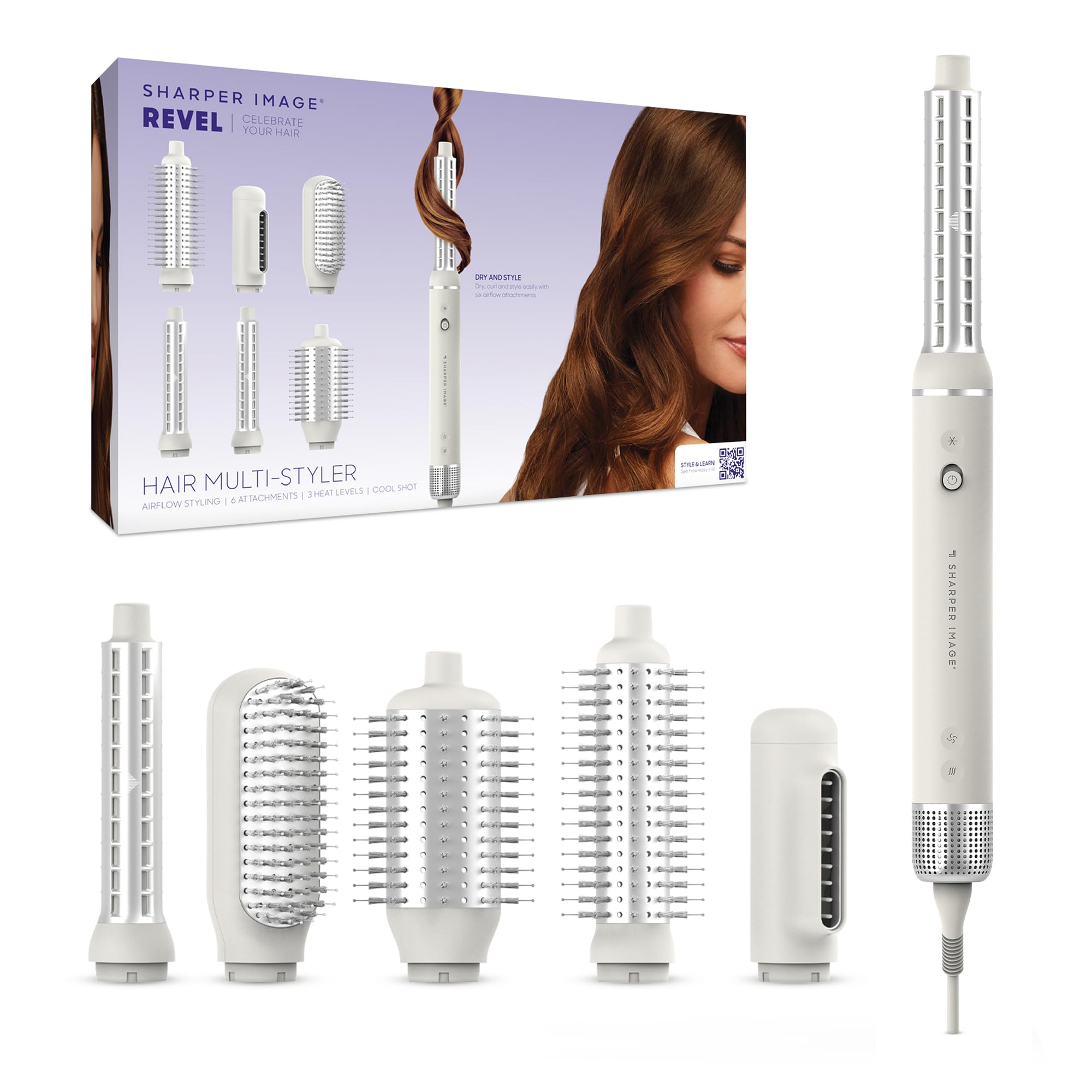 Sharper Image Revel 6-in-1 Airflow Hair Styler – Ionic Multi-Styler with Curling Wand, Detangler, Volumizing & Smoothing Brushes| Air Wrapping Styling Tool| Hot Brush| Straight & Curly Hair Product
