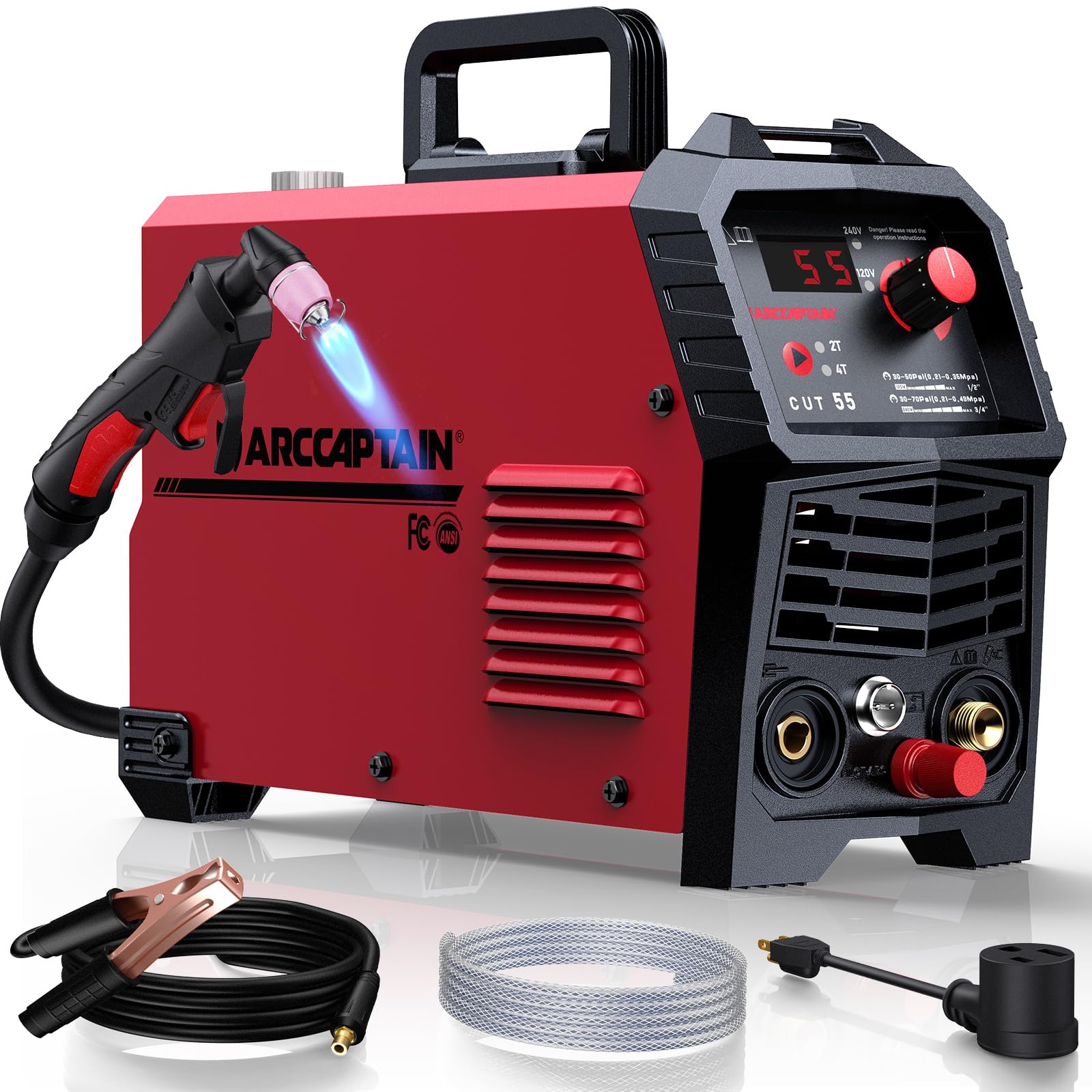 ARCCAPTAIN 55A Plasma Cutter, Non-Touch Pilot ARC High-Frequency Air Plasma Cutting Machine, 110/220V Dual Voltage IGBT Inverter, 1/2" Clean Cut, Post Flow,2T/4T, and 1/4" - 18 NPT, for Beginners DIY