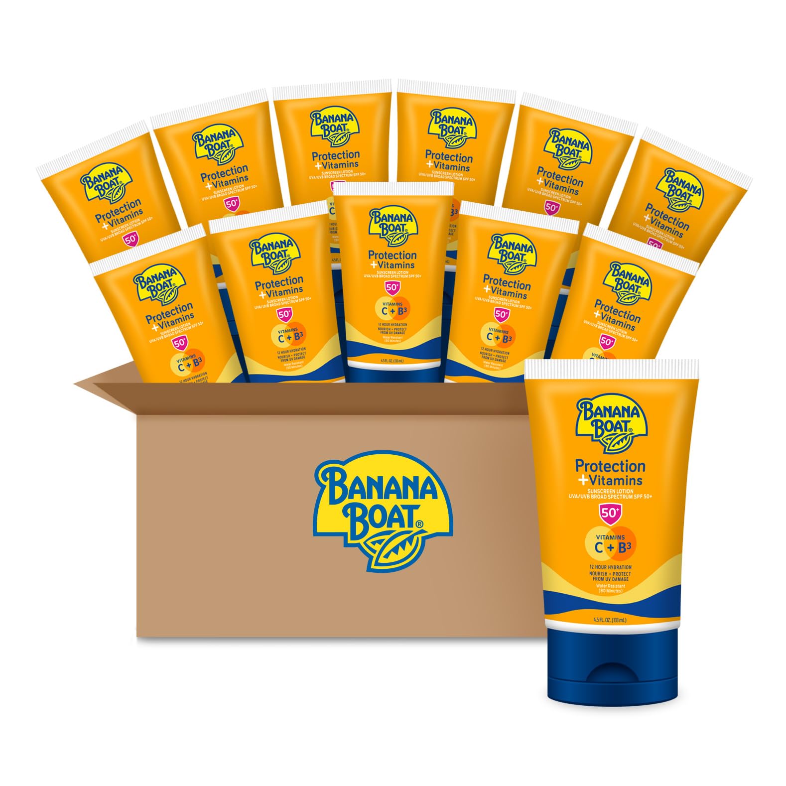 Banana Boat Protection + Vitamins Sunscreen Lotion SPF 50 | Moisturizing Lotion Sunscreen SPF 50 with Vitamin C & Vitamin B3 Niacinamide, 4.5oz (Pack of 12)
