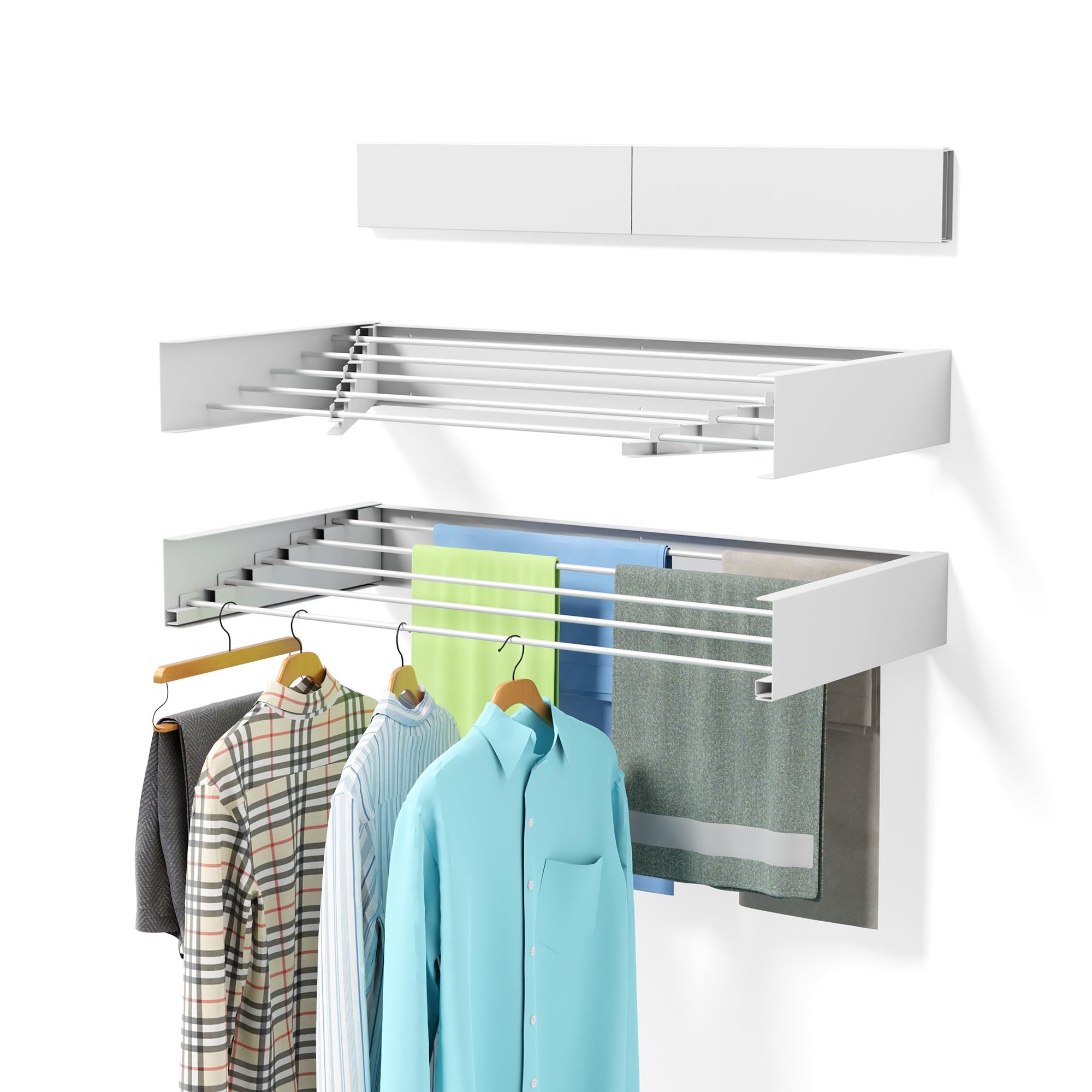 Laundry Drying Rack Collapsible, Wall Mounted, Clothes Drying Rack, 31.5" Wide, 13.2 Linear Ft, 5 Aluminum Rods, 60 lb Capacity, Laundry Racks for Drying Clothes with Wall Template(White 31.5" )