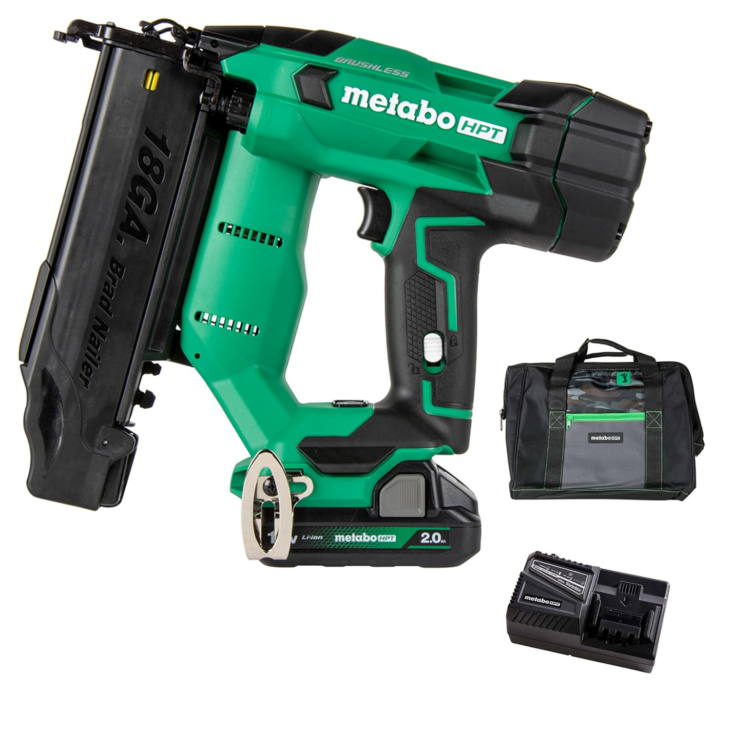 Metabo HPT 18V MultiVolt Brushless Compact Cordless Brad Nailer Kit, 18 Gauge Cordless Nailer with 2.0Ah Lithium Ion Battery, Drives 5/8" to 2" Brad Nails, Lifetime Warranty NT1850DFT