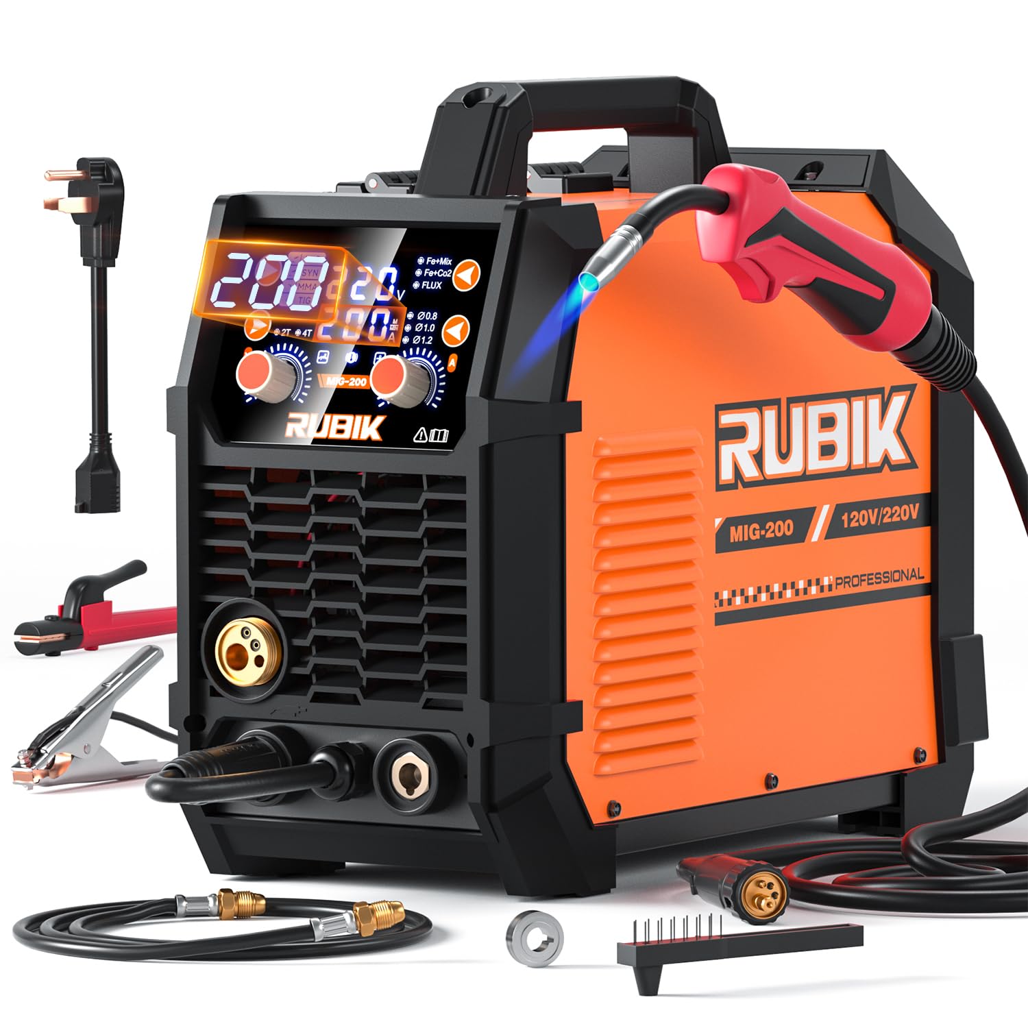 RUBIK MIG Welder 200A Welding Machine – 5 in 1 Flux Core Welder 110V/220V Dual Voltage with Advanced IGBT Inverter for MIG GAS GASLESS STICK TIG Welder