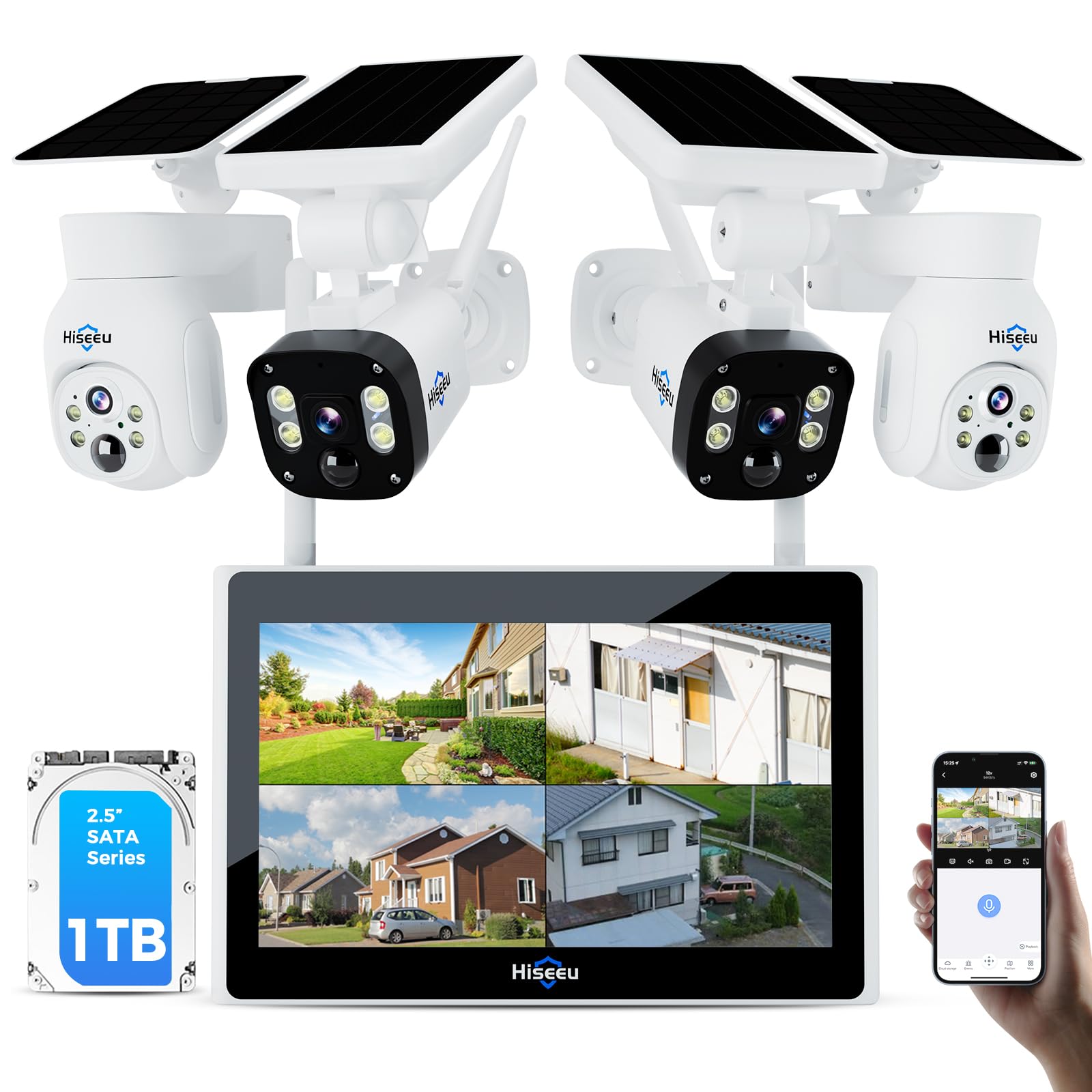 [1TB HDD,4MP Spotlight] Hiseeu Solar Home Security Camera System,PTZ Dome + Bullet Solar Security Cameras Wireless Outdoor,10CH 10 Inch LCD 4K NVR,Smart Human Detection,2-Way Audio,Motion Record