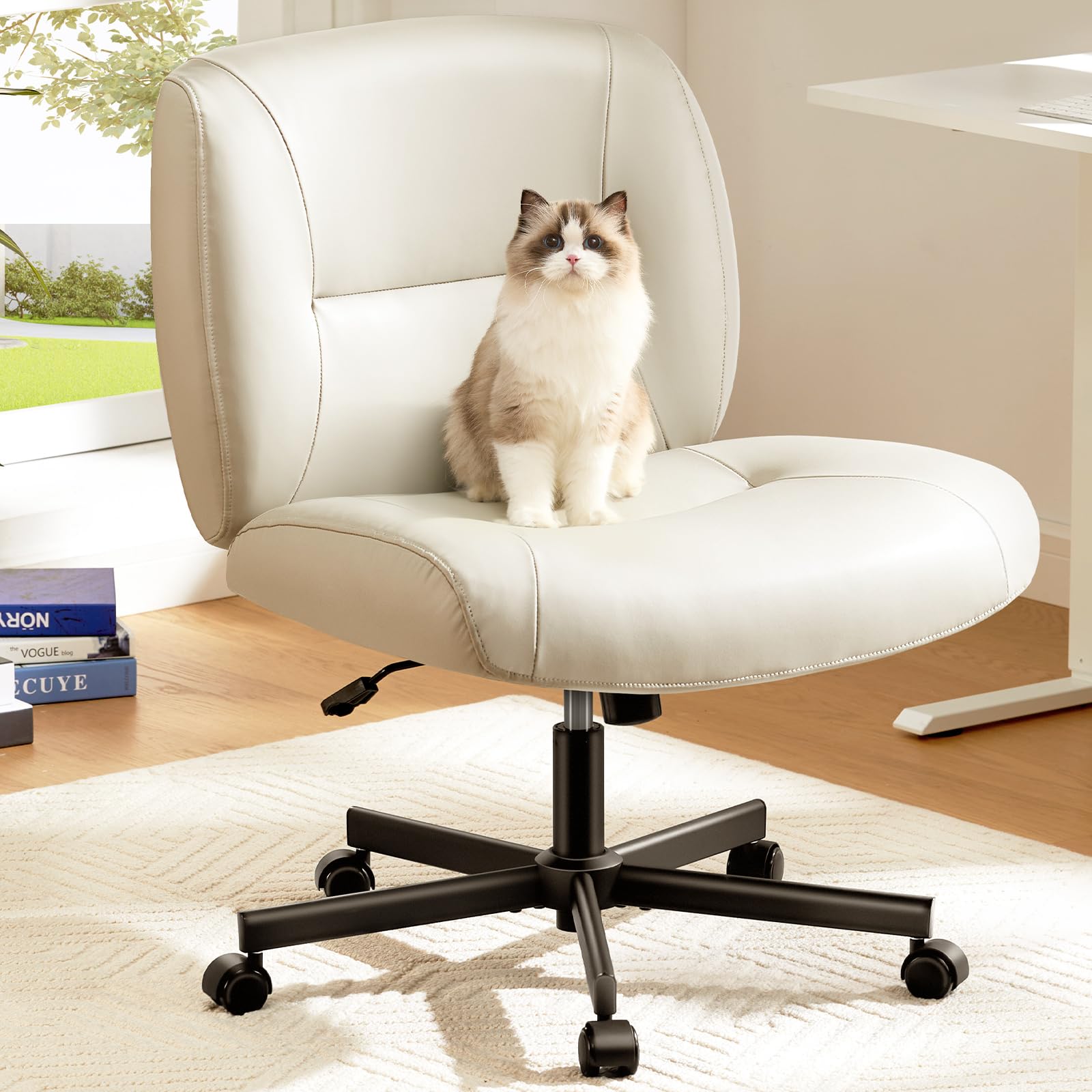 Marsail Criss Cross Chair with Wheels, Scratch-Resistant PVC Leather Cross Legged Office Chair, Wide Mid-Back Comfy Armless Desk Chair, Height Adjustable
