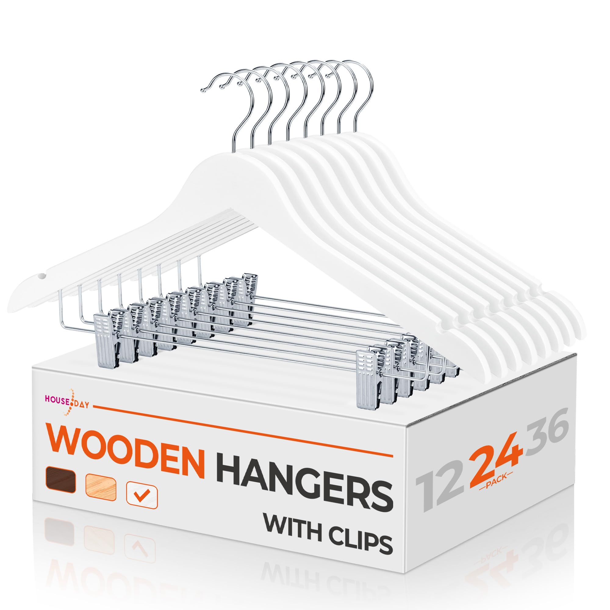 HOUSE DAY Wood Hangers with Clips, Premium Wooden Hangers for Clothes, Suit - Smooth Finish, White - 24 Pack