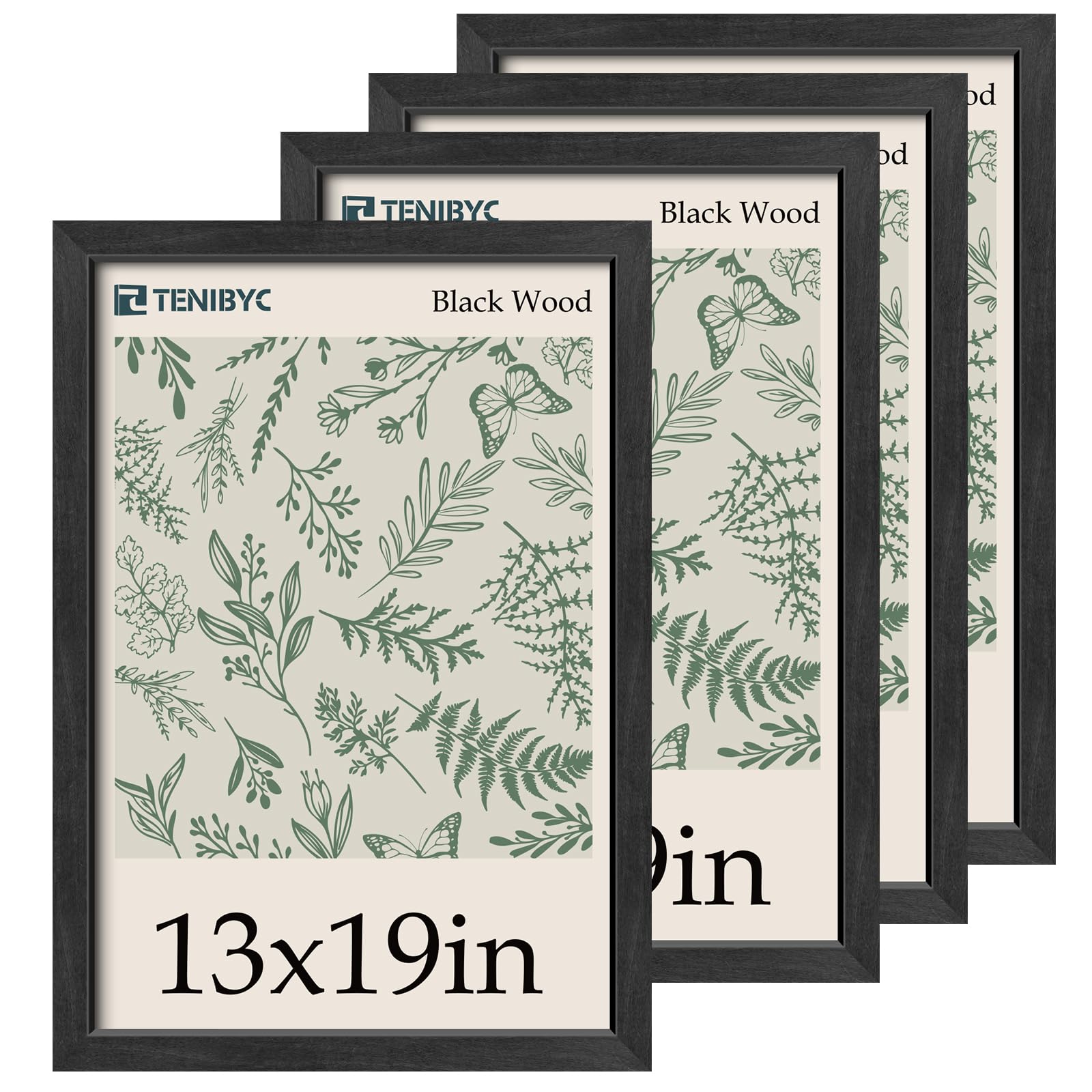 TENIBYC 13x19 Picture Frame 4 Pack, Textured Elegant Black Wood & HD Tempered Glass, Gallery Poster Frame - Wall Hanging