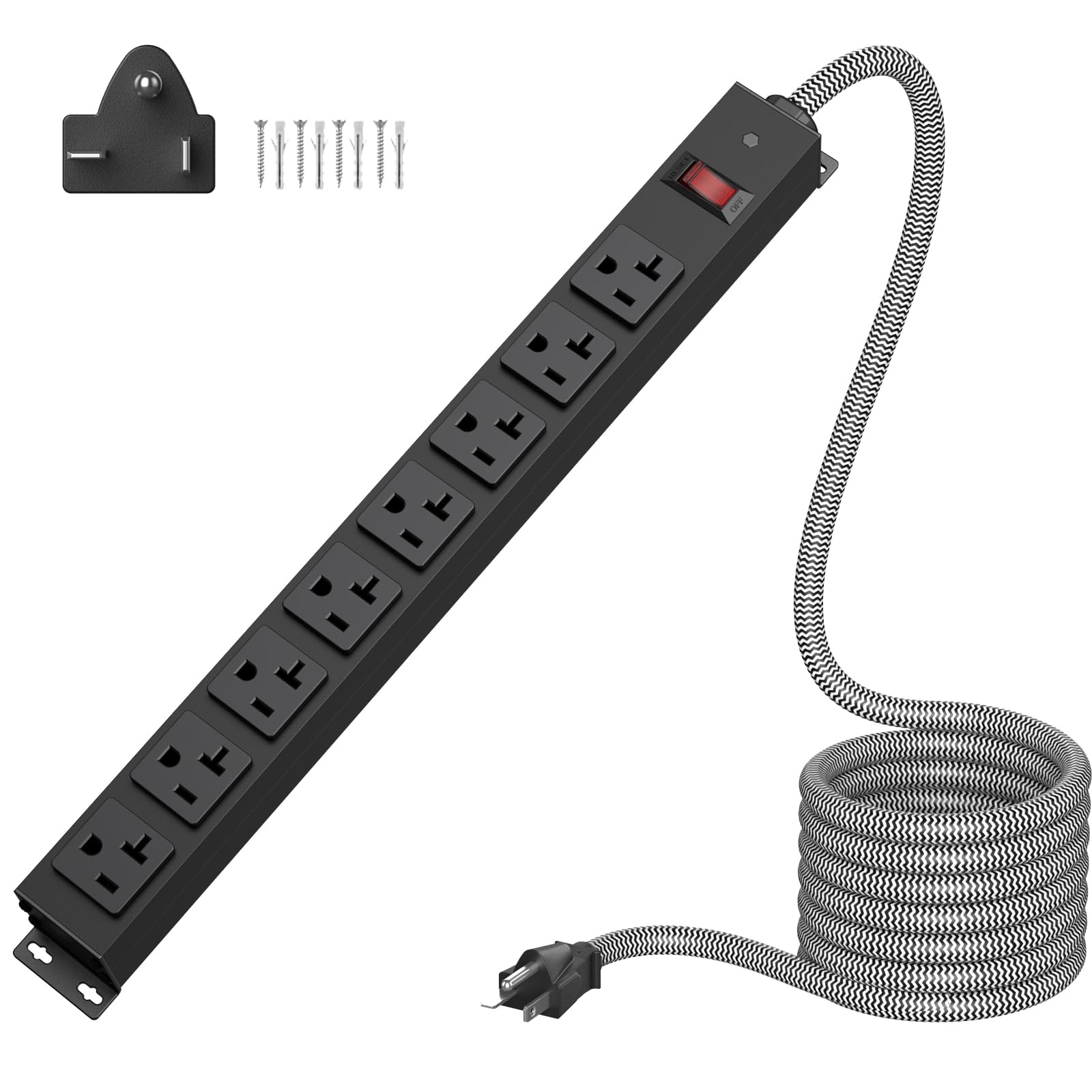 HEZI 20 Amp Power Strip Surge Protector 1200J, Metal 8 Outlets Heavy Duty 20amp, 15Ft 12 Gauge Extension Cord for Appliance Workbench Garage Industrial, Combine with T-Plug Adapter,5-20R T-Slot