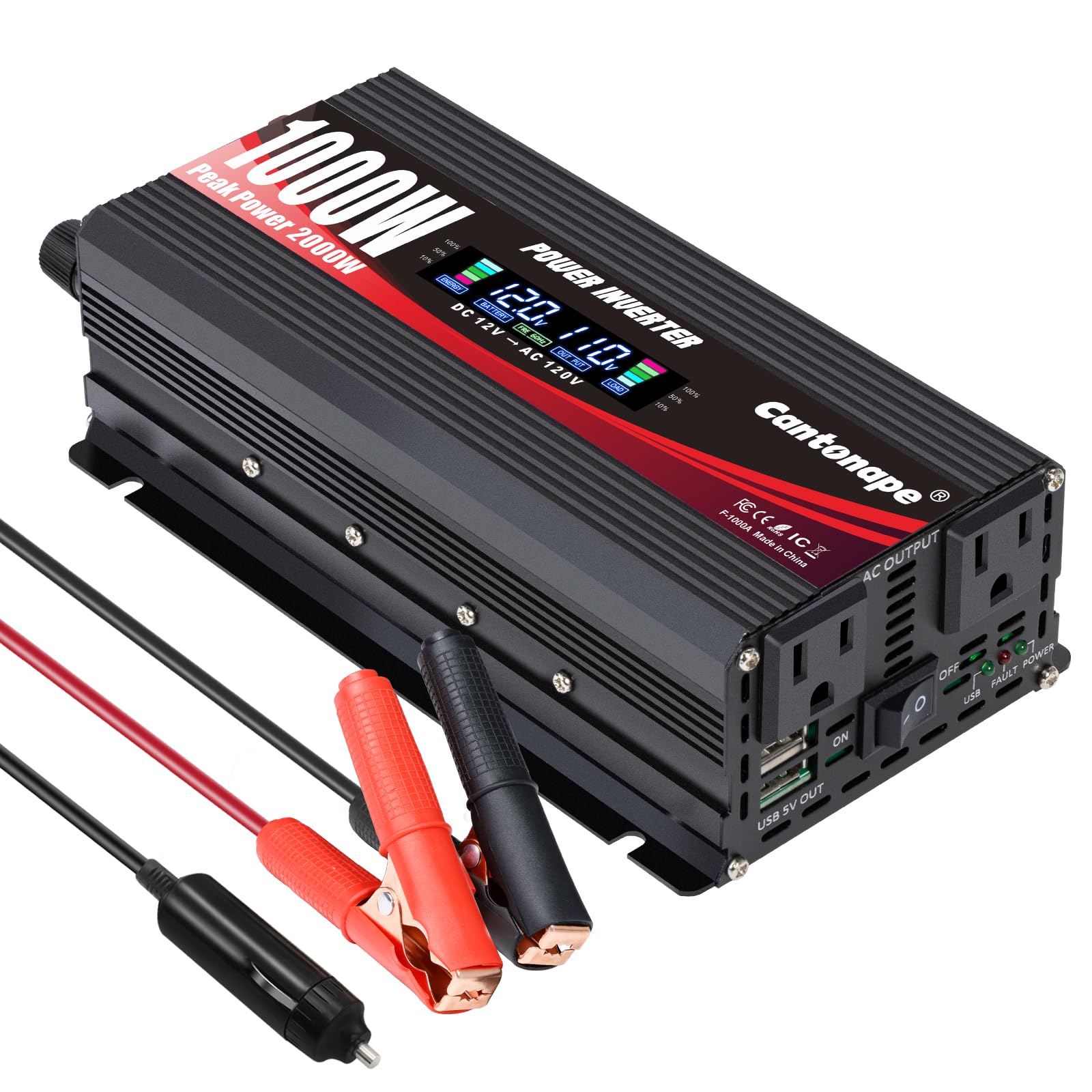 Cantonape 1000W/2000W(Peak) Car Power Inverter DC 12V to 110V AC Converter with LCD Display Dual AC Outlets and Dual USB Car Charger for Car Camping Laptop Truck Black