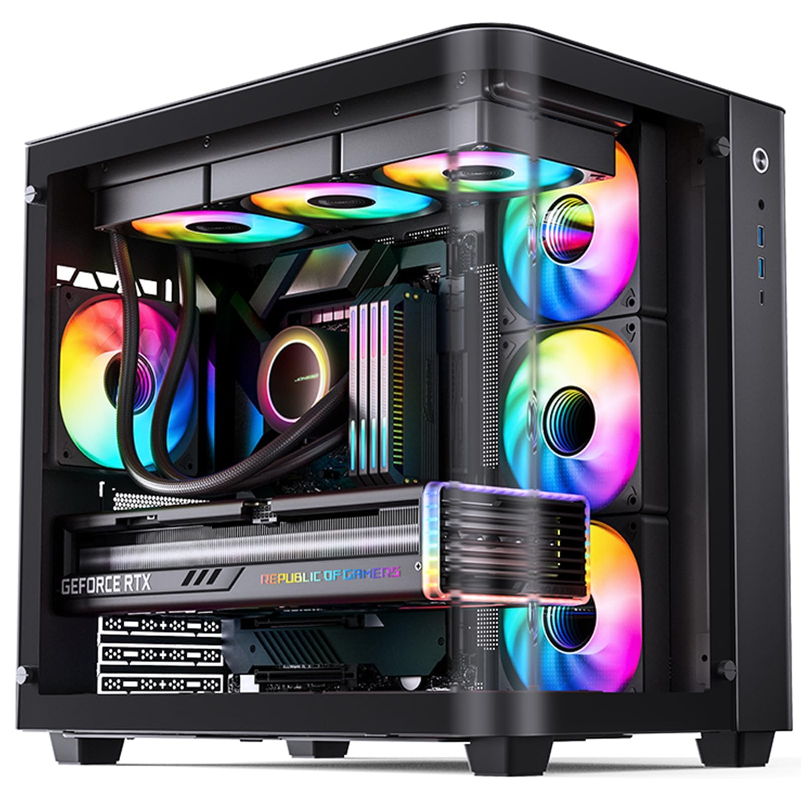 JONSBO TK-3 Black One-Piece Curved Glass ATX Mid Tower Pc Case, One-Piece Curved Glass, SP BTF MB/Dual 360 AIO/ATX PSU/40Series GPU, with 10 Fan Positions, 270 Degree Side View Display,Black Chassis