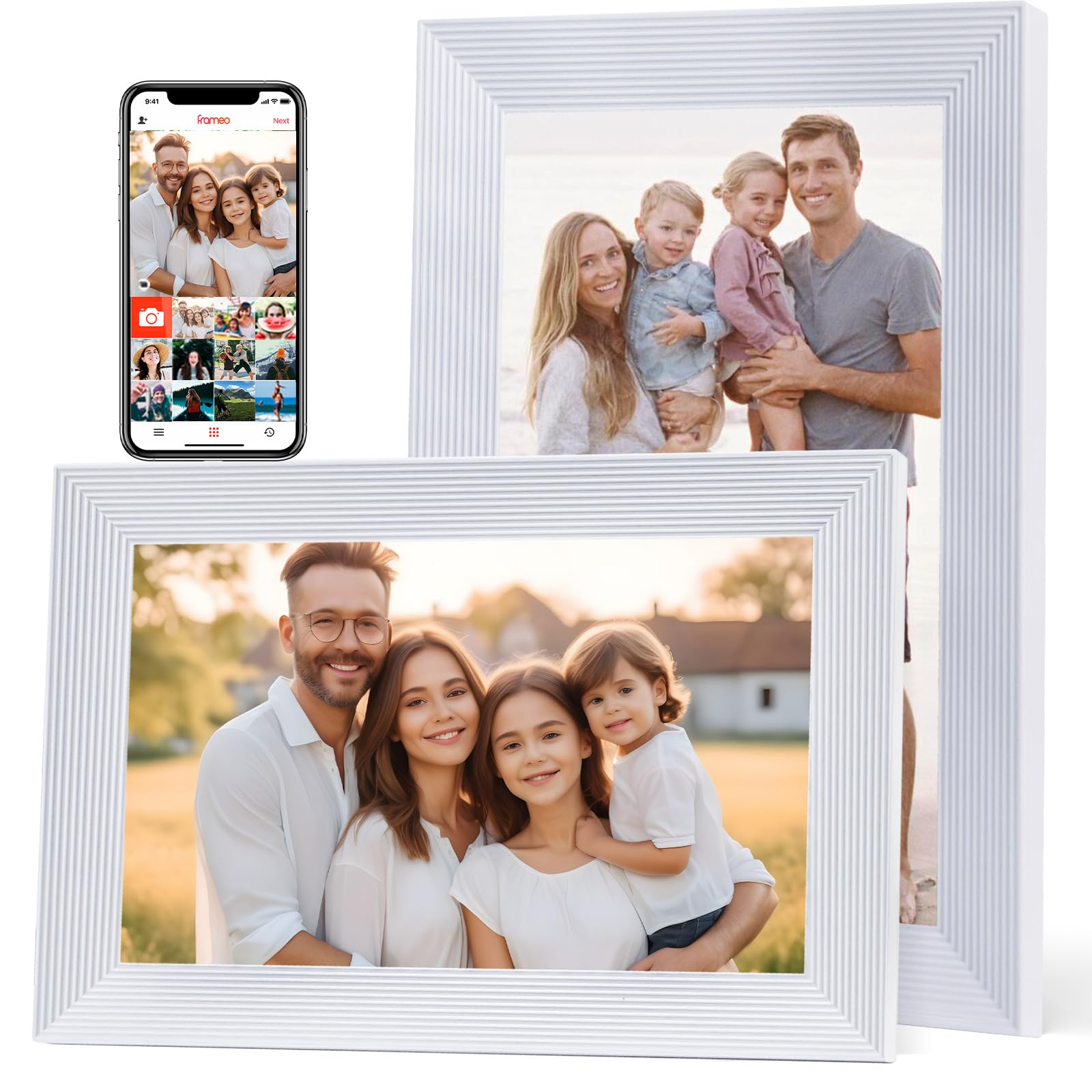 Frameo 10.1 Inch Digital Picture Frame - 1280x800 IPS HD Touch Screen, WiFi Cloud & App Control, 32GB Built-in Storage, Auto-Rotate Portrait/Landscape, Remote Photo Upload (White)