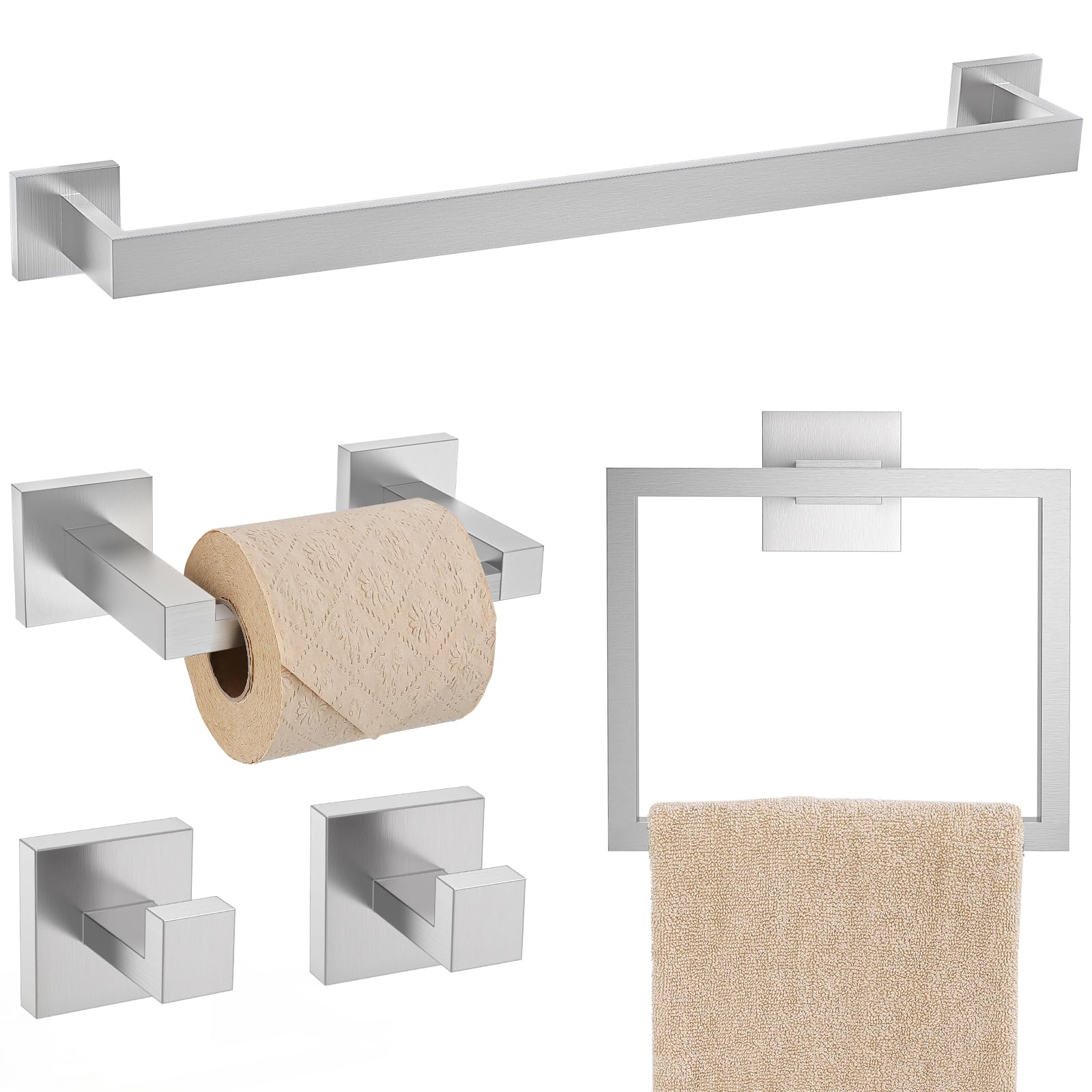 TQKAG Brushed Nickel Bathroom Hardware Accessories Set 5 Pieces, Double Post Pivoting Toilet Paper Holder Set Stainless Steel Square Bathroom Towel Bar Holder Set Wall Mounted