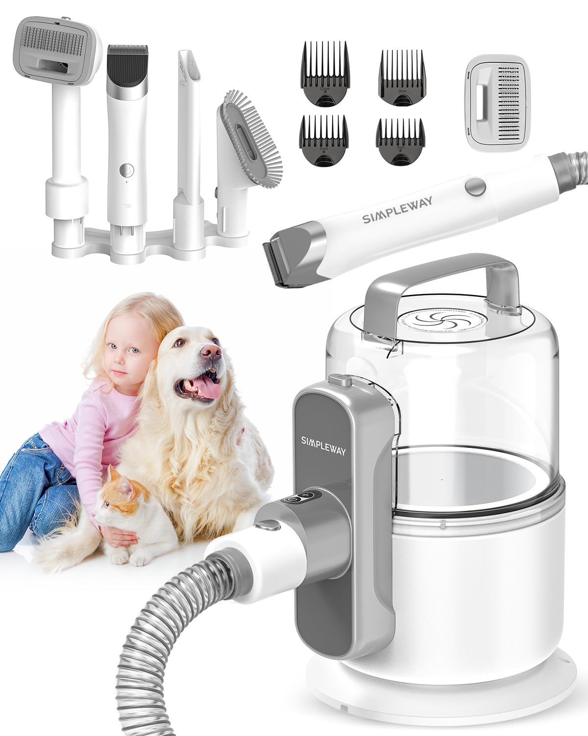 Dog Vacuum Grooming Kit for Shedding: Professional Hair Clippers Pet Groomer - Strong Suction Cleaner Deshedding Tool Fur Brush Attachment Trimmer for Home Cat (Off-White)