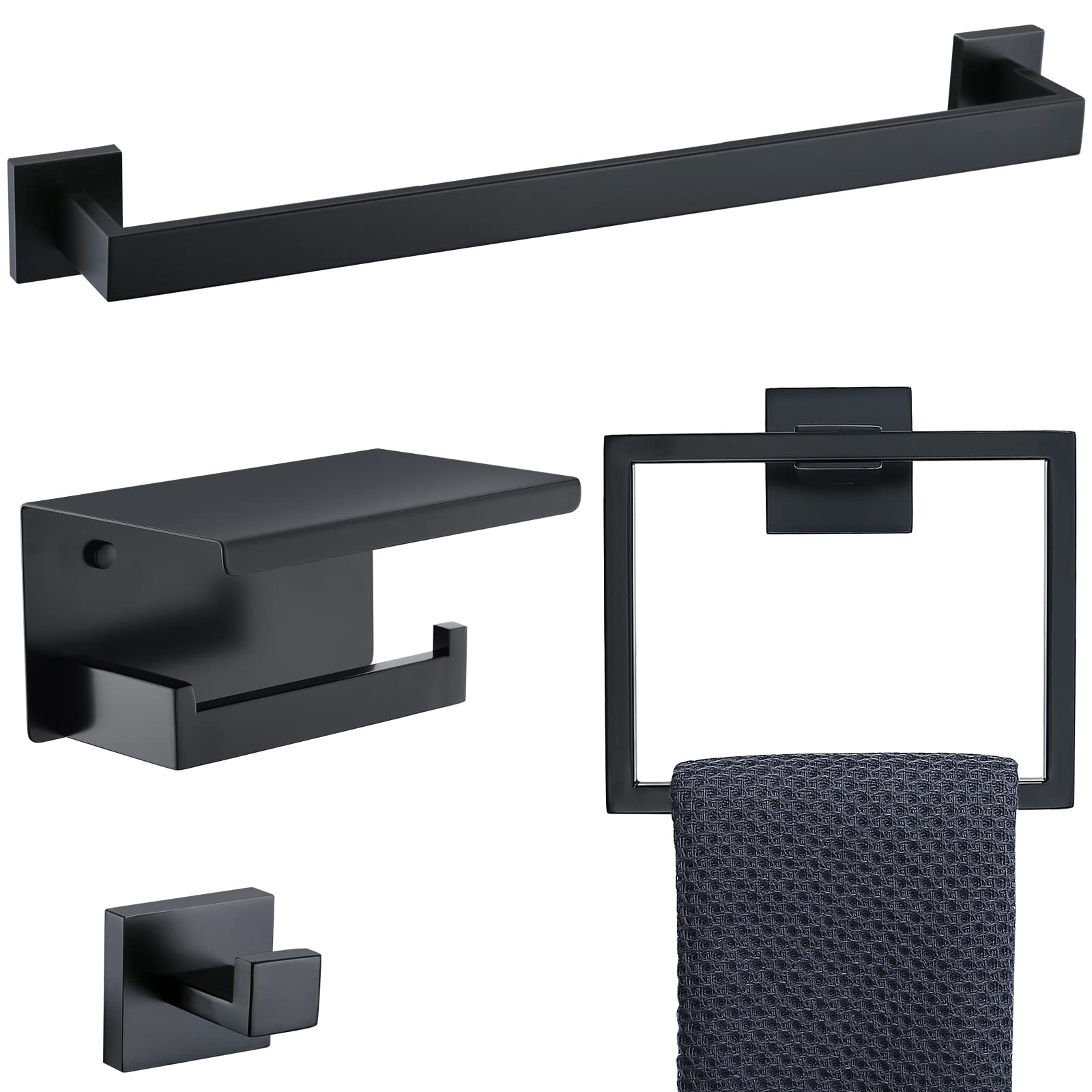 Bathroom Towel Bar Holder Sets Matte Black 4-Piece Bathroom Hardware Set Stainless Steel Bath Accessories Kit. Wall Mounted,23.6 Inch