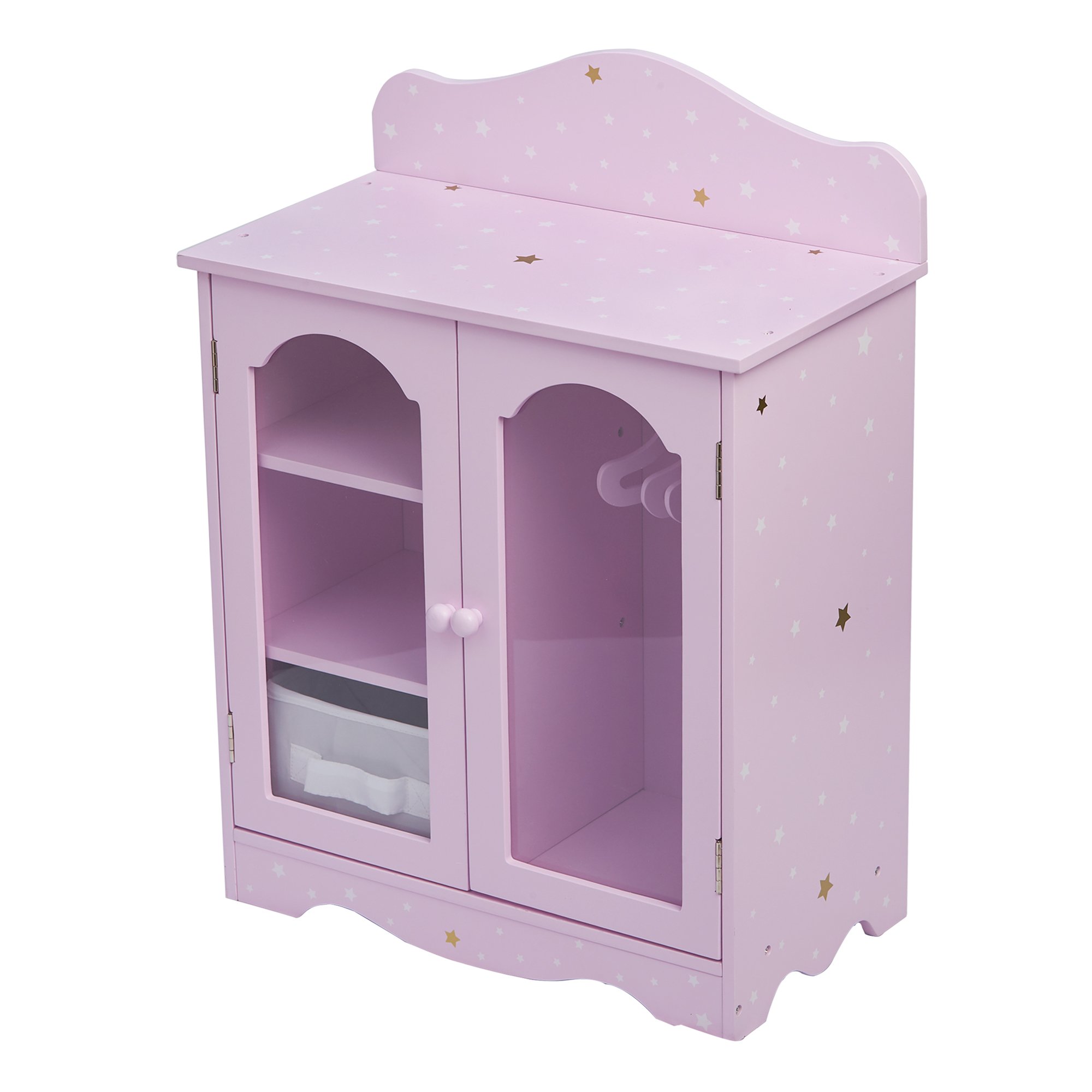 Olivia's Little World Twinkle Stars 18" Doll Closet with 3 Hangers, Shelves, & Canvas Bin, Doll Closet Storage for Accessories & Clothes, Purple