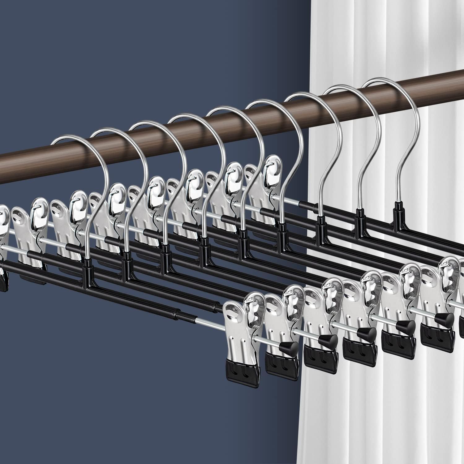 HWAJAN Pants Hangers with Clips 60 Pack Adjustable Skirt Hangers for Women Non-Slip Trousers Hanger for Jeans Clothes Hangers for Pants Heavy Duty Space Saving Shorts Hangers,Black,12Inch