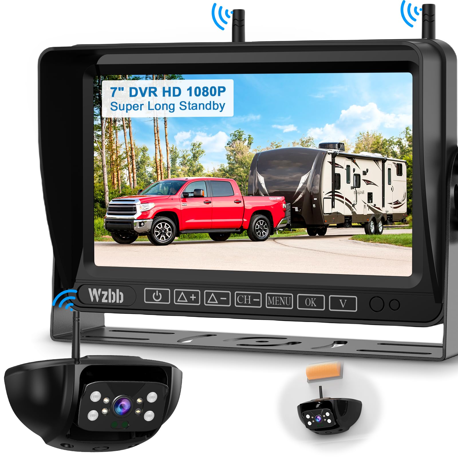 7-Inch Wireless Backup Camera for RV Trailer - HD 1080P Monitor, Night Vision, IP69 Waterproof, Easy Installation Compatible with Furrion, 4-Channel Support by WZBB