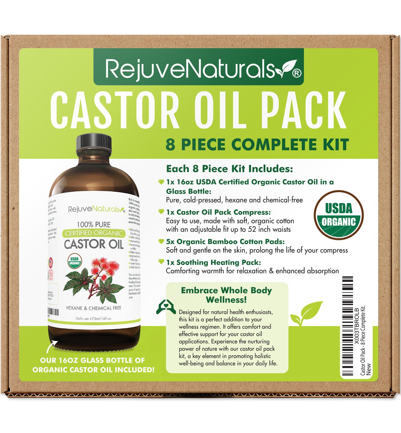 RejuveNaturals Castor Oil Pack - 8 Piece Complete Kit. Includes 16oz Glass Bottle of Organic Castor Oil, Easy to use Castor Oil Compress with Adjustable Fit, 5 Soft Cotton Pads & Soothing Heat Pack..