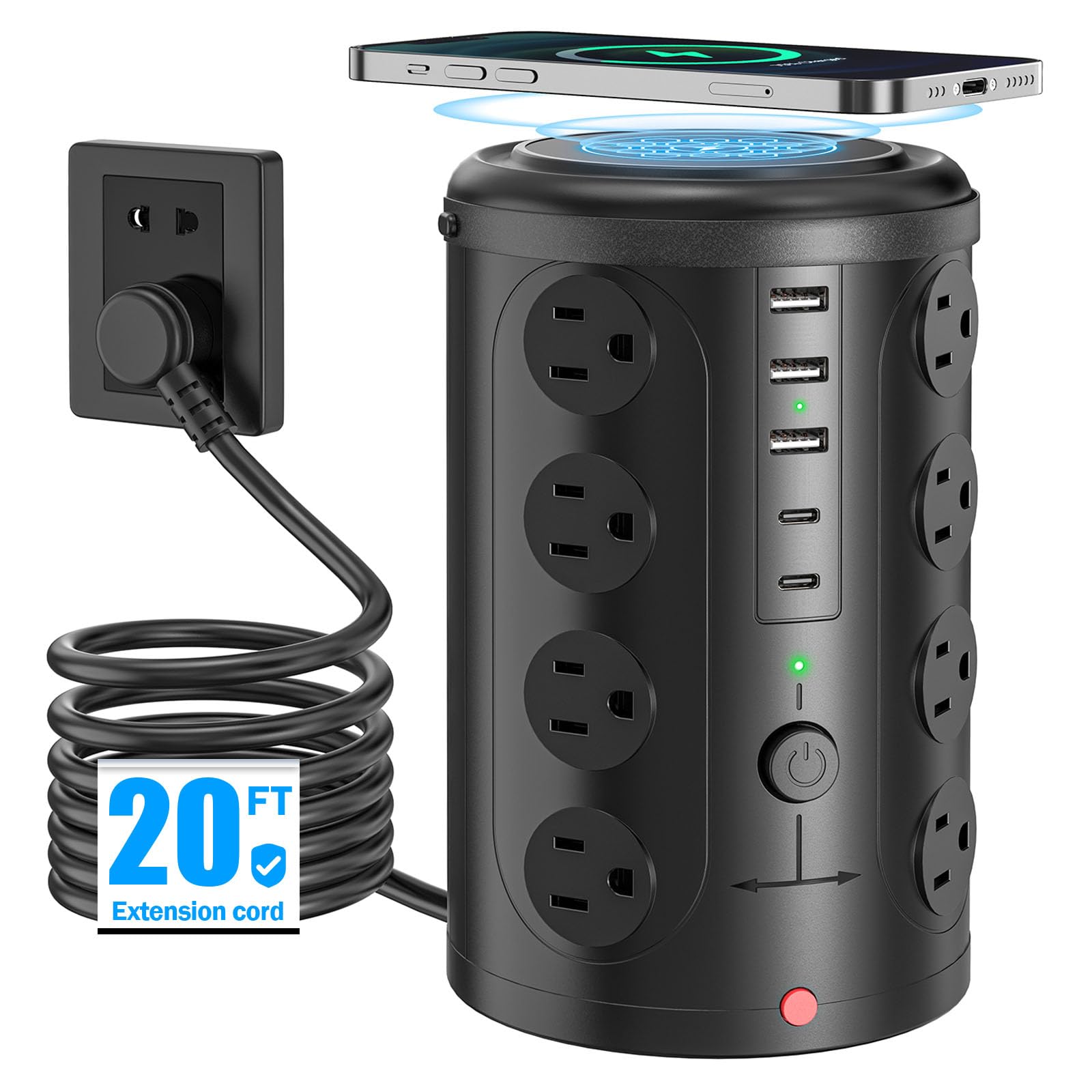 Tower Power Strip with 15W Wireless Charger, 20FT Extension Cord with Multiple Outlets, 16 AC Outlets & 5 USB (2 USB C) Charging Station Surge Protector for Office Home Dorm Room (Black)
