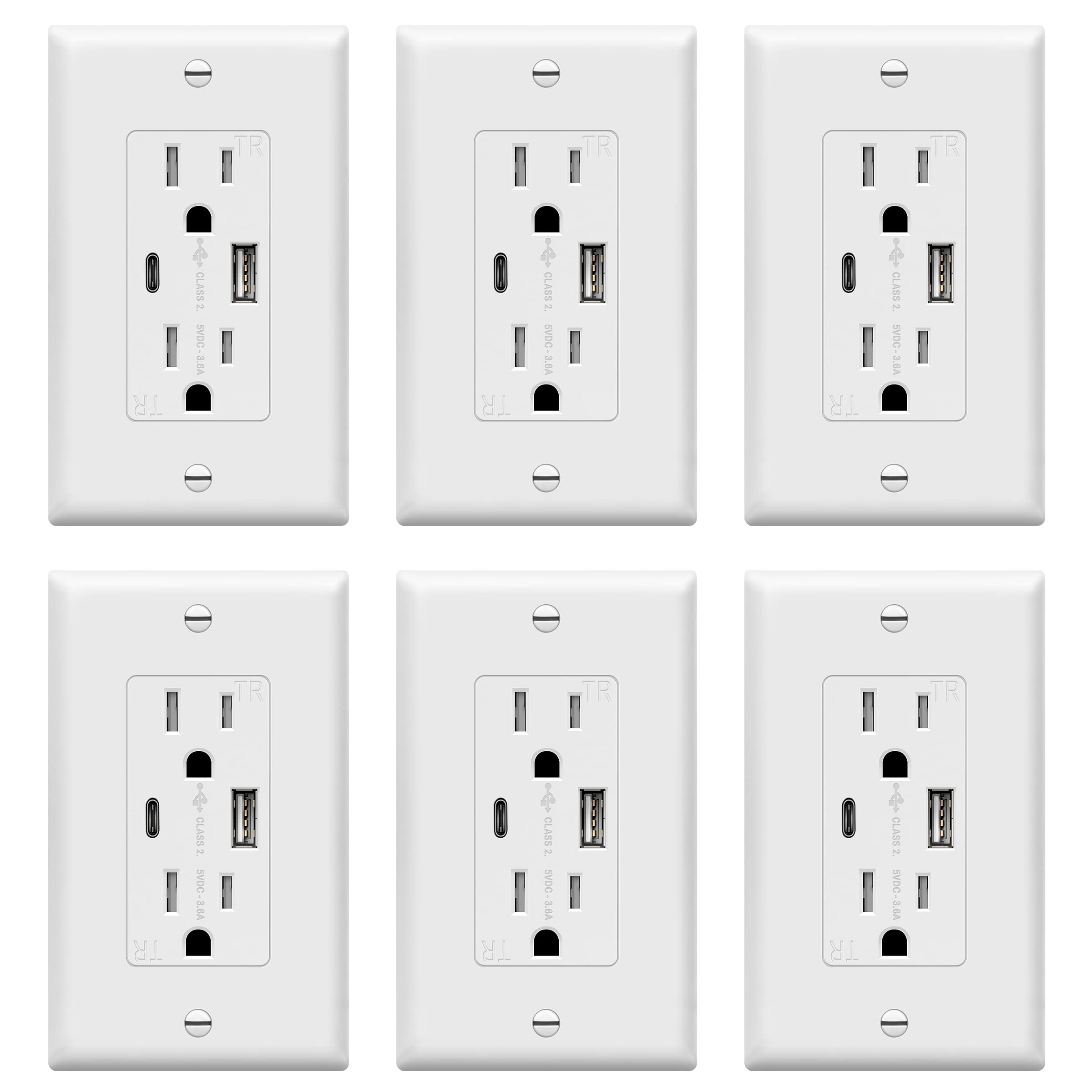 TOPGREENER USB Outlet, Type C & Type A USB Wall Charger Outlet, 15 Amp TR Receptacle Plug, Charging Power Outlet with USB Ports, Wall Plate Included, UL Listed, TU21536AC-W-6PCS, White, 6 Pack
