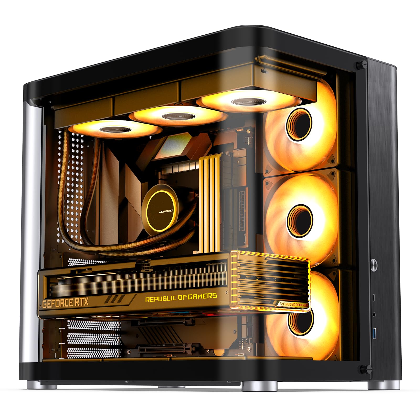 JONSBO TK-2 Black ATX Mid-Tower Pc Case,Hyperboloid Glass Design, Separated Cabinet Structure, Al Alloy Shell Desktop Computer Case, Support BTF Motherboard/ATX Power supply/360 AIO, Black