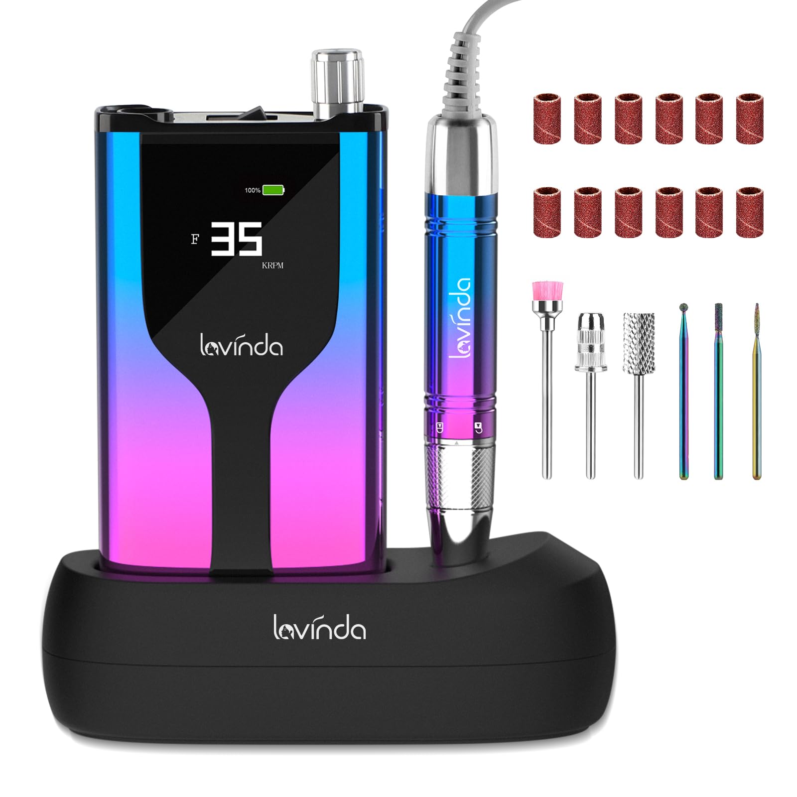 Lavinda Professional Rechargeable Nail Drill Machine, Cordless 35,000RPM Skyspace Brushless Nail Drill, Portable Electrical Nail File for Acrylic Nails with Protective Case, Gradient Blue & Purple