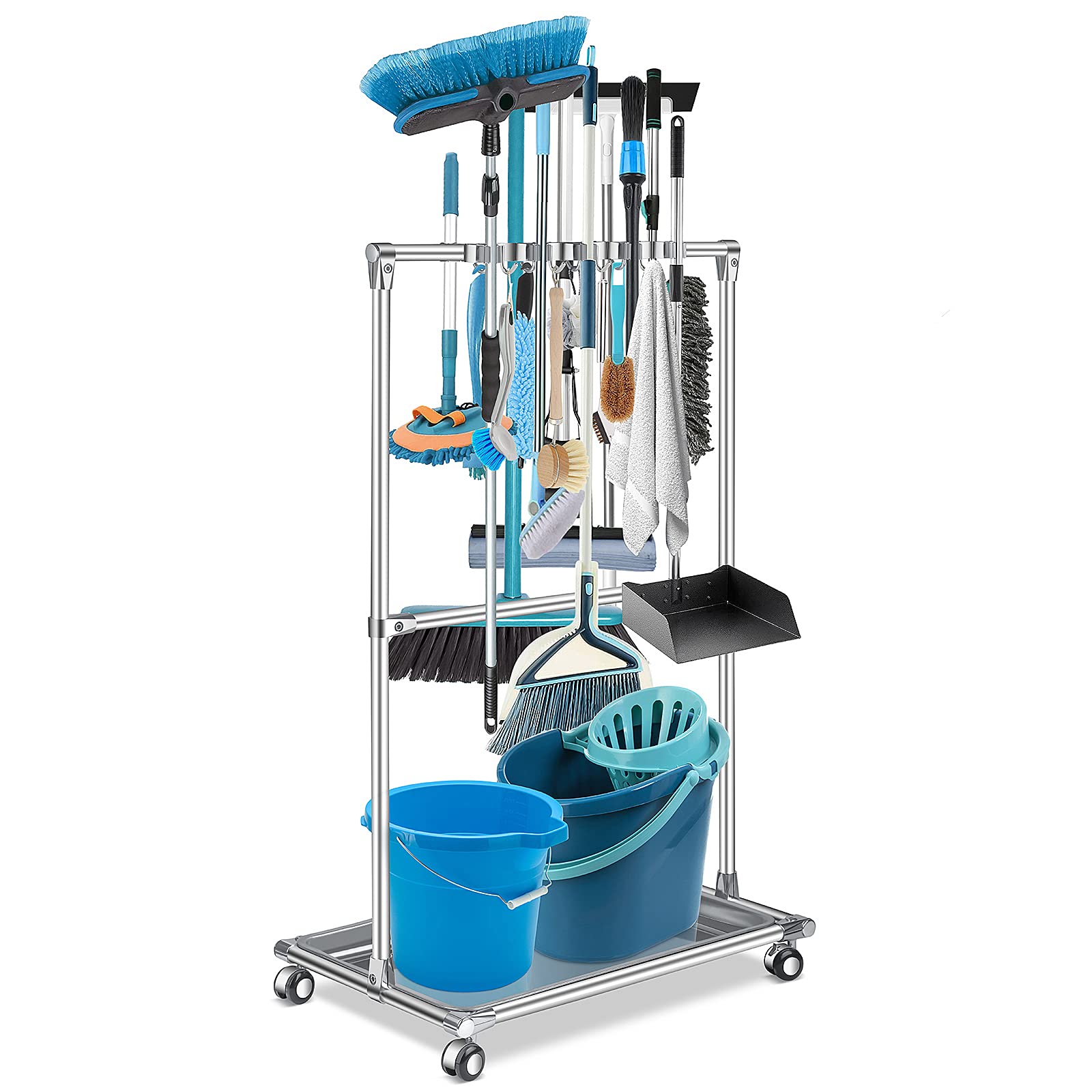 Broom Holder Organizer Movable Closet Storage Cabinet Mop Rack Floor Standing Cleaning Supplies Tool Cart For Garden Garage Schools Hotels Hospitals Factories Property Companies Restaurant (10 Racks)