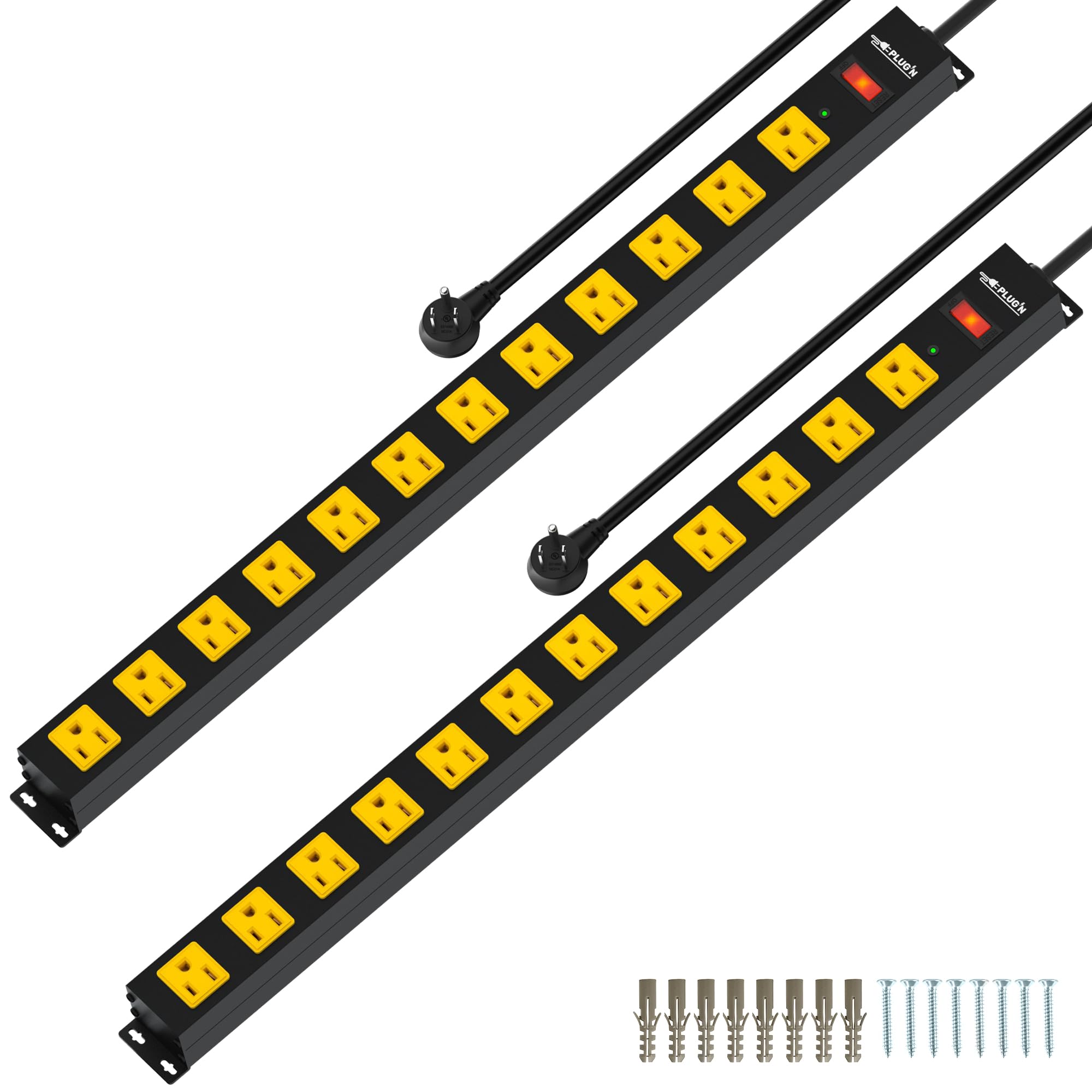 12 Outlet Long Power Strip, 2100 Joules Surge Protector, 6FT Power Cord, Wide Spaced Outlet Power Bar, Overload Protection Switch, Industrial Heavy Duty for Work Bench, Shop, Garage, 2 Pack…