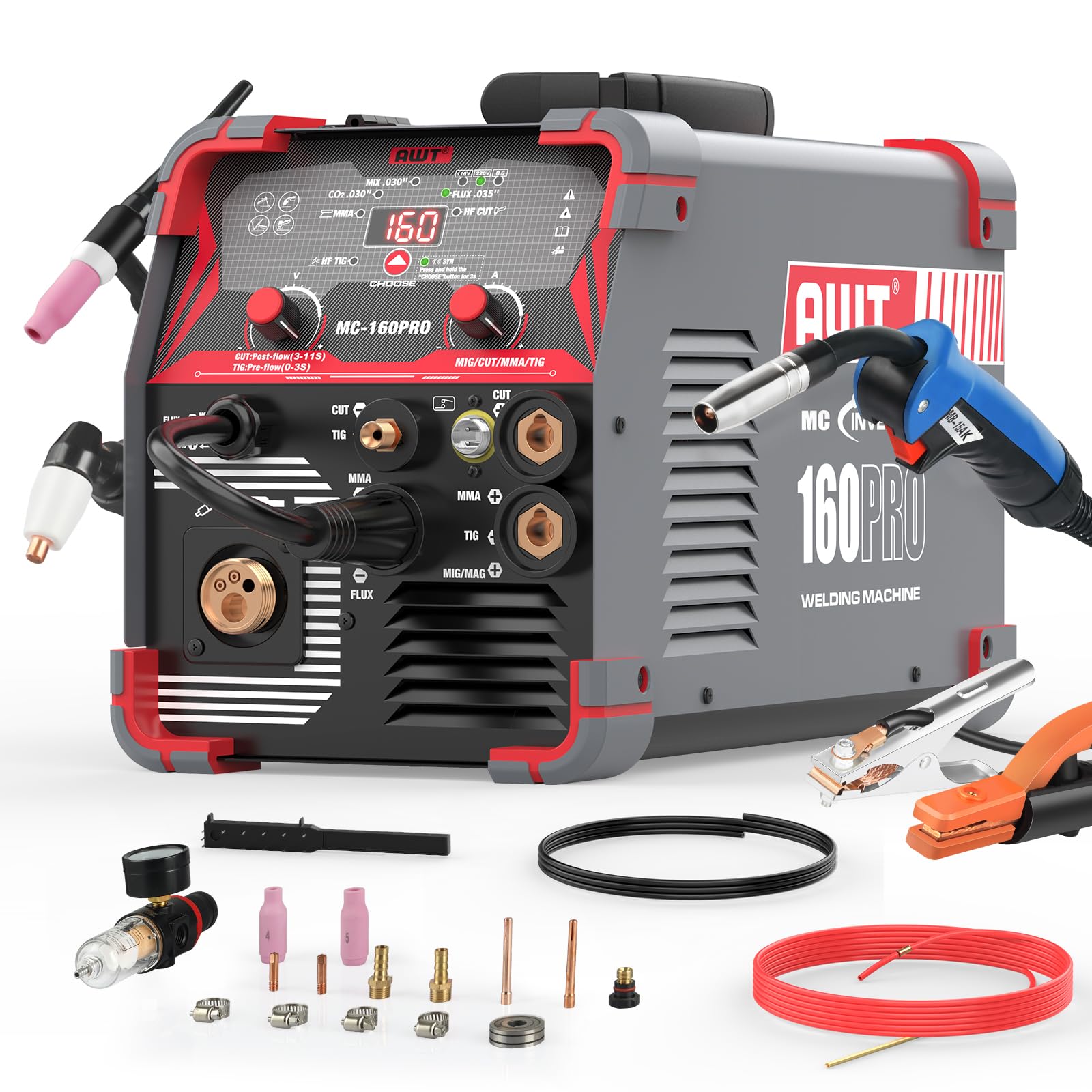 AWT MIG Welding Machine,160A 5 in 1 Plasma Cutter Welder Combo HF TIG/Gas MIG/Flux MIG/Stick Welding,110/220V Dual Voltage, Multi-Process Welder MIG88-160M