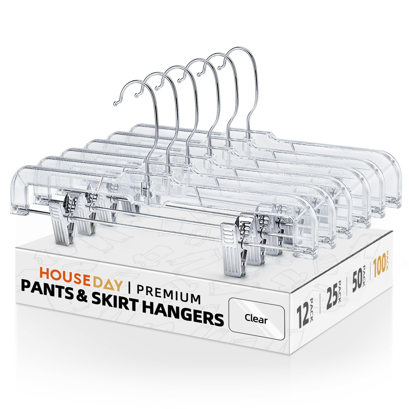 HOUSE DAY 100 Pack Skirt Hangers with Clips, Clear Plastic Pants Hangers with 2-Adjustable Clips，Non-Slip Clip Hanger for Pant, Skirts, Shorts