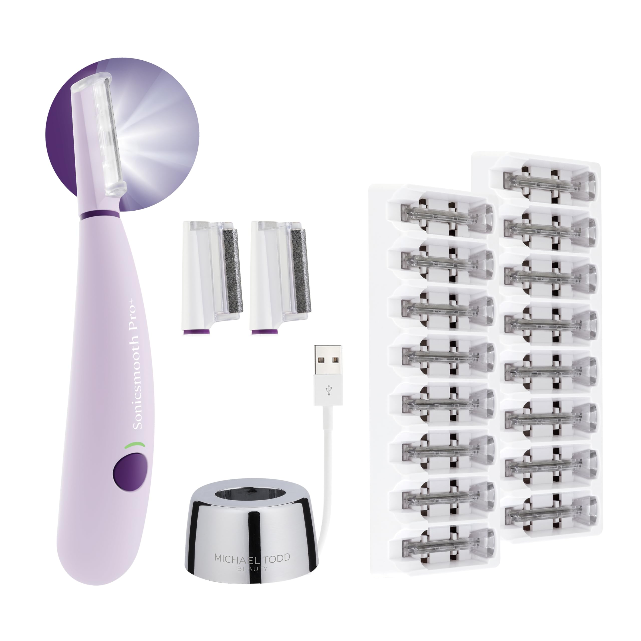 Michael Todd Beauty Sonicsmooth Pro+ Dermaplane Razor for Women Face + Eyebrow trimmer Dermaplaning System w/LED Light Peach Fuzz Remover -16 Dermaplaning Blades & 2 Microsmooth Microdermabrasion Tips