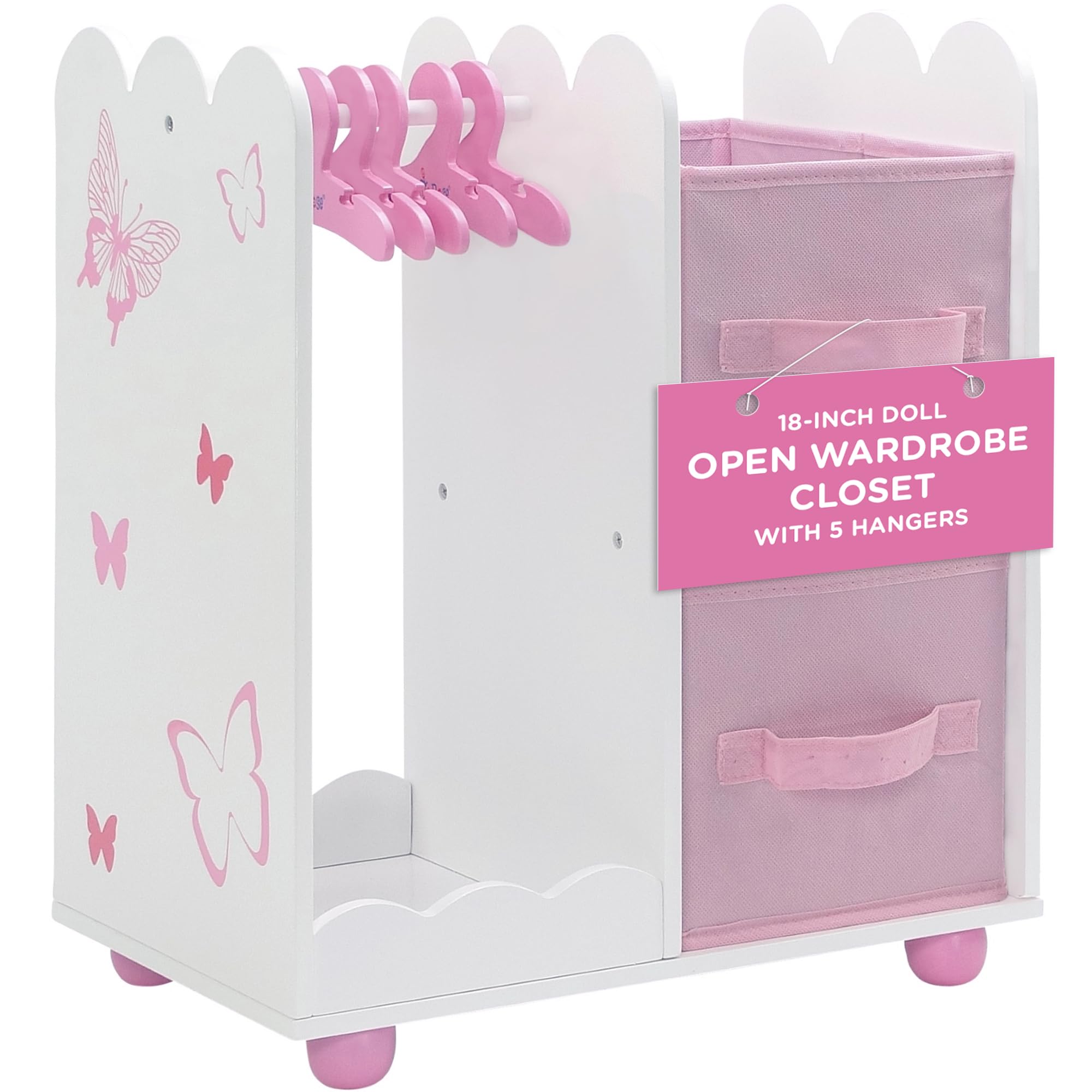 Emily Rose Doll Furniture | USA Business | 18 Inch Doll Pet Clothes Closet Accessory - Wooden Doll Accessories Toy Playsets | 5 Free Wooden 18" Doll Hangers and 2 Large Storage Bins - Butterfly