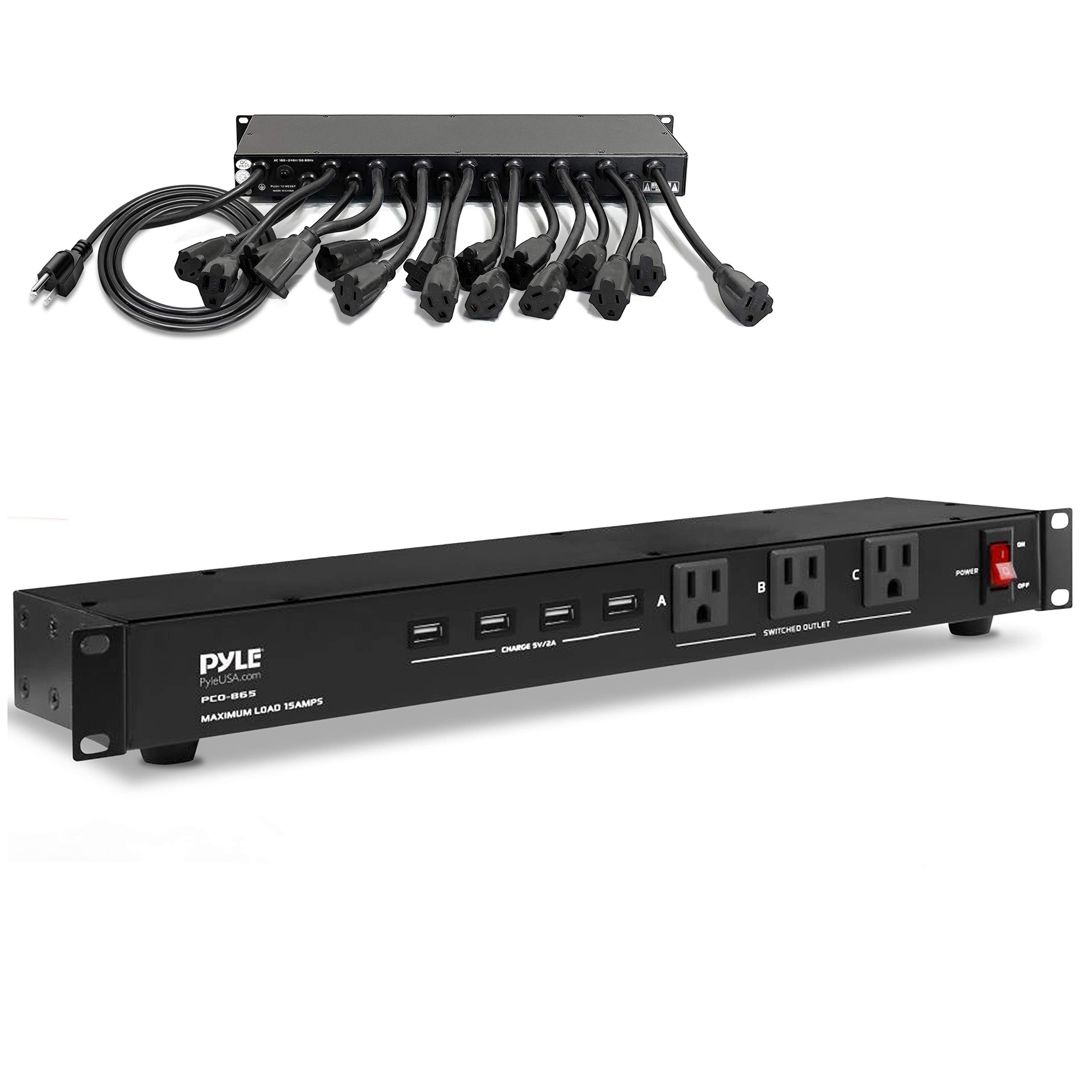 Pyle 19 Outlet 1U 19" Rackmount PDU Power Distribution Supply Center Conditioner Strip Unit Surge Protector 15 Amp Circuit Breaker 4 USB Multi Device Charge Ports 15FT Cord, Black - PCO865