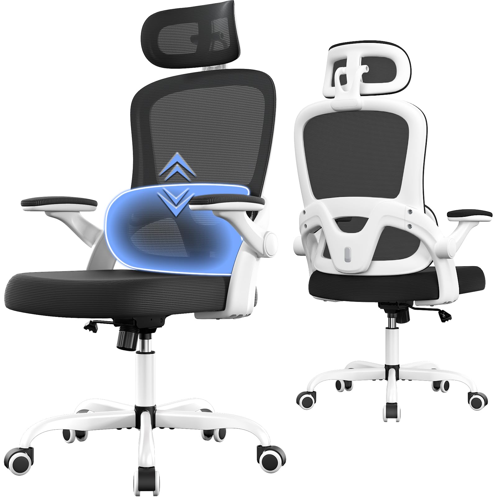 ORRSAKER Ergonomic Office Chair, High Back Home Office Desk Chair with 3D Armrests, Up&Down Lumbar Support, Swivel Computer Task Chair with Adjustable 2D Headrest, Tilt Function, White