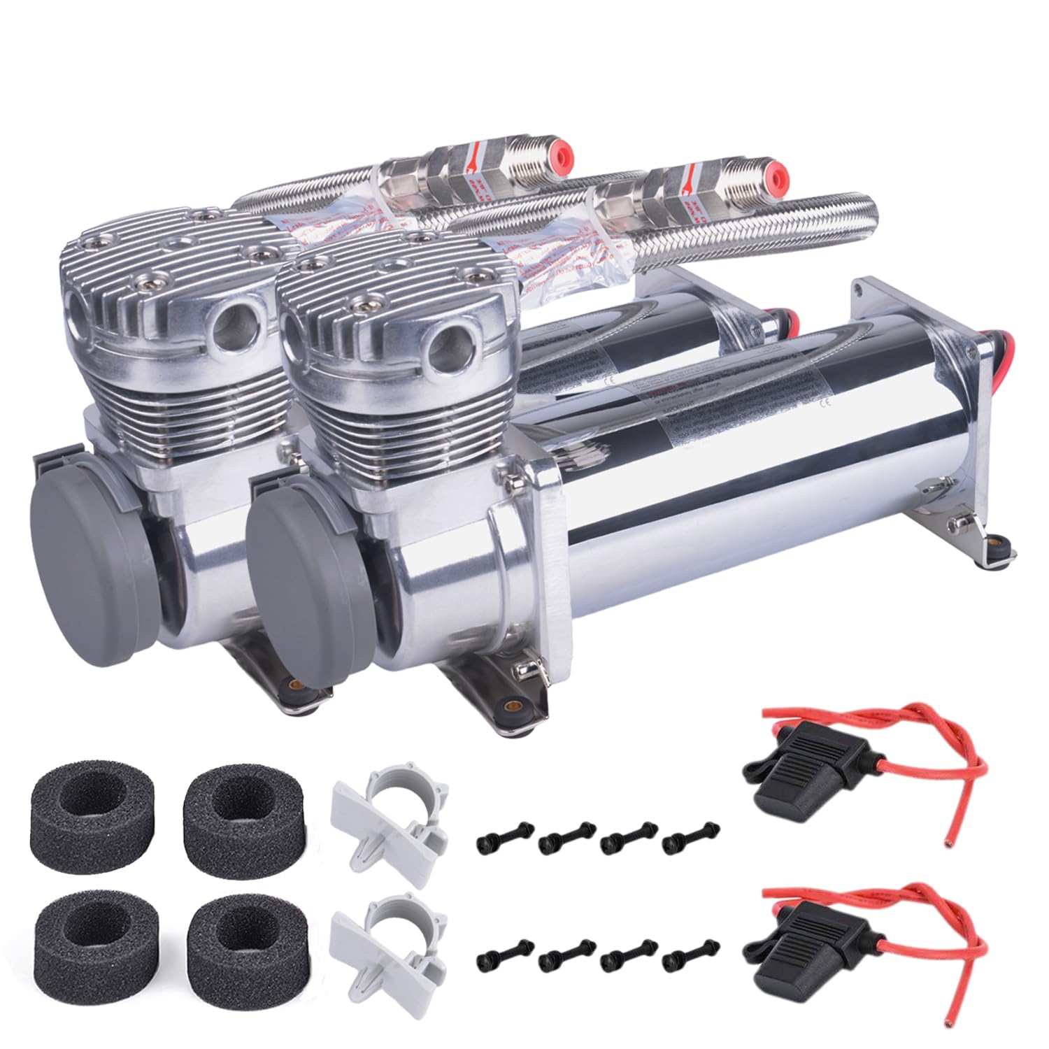 CNRAQR 2PCS 200PSI Heavy Duty Air Train Horn/Air Ride Suspension Compressor 3/8 NPT 12V Silver for Car Horns