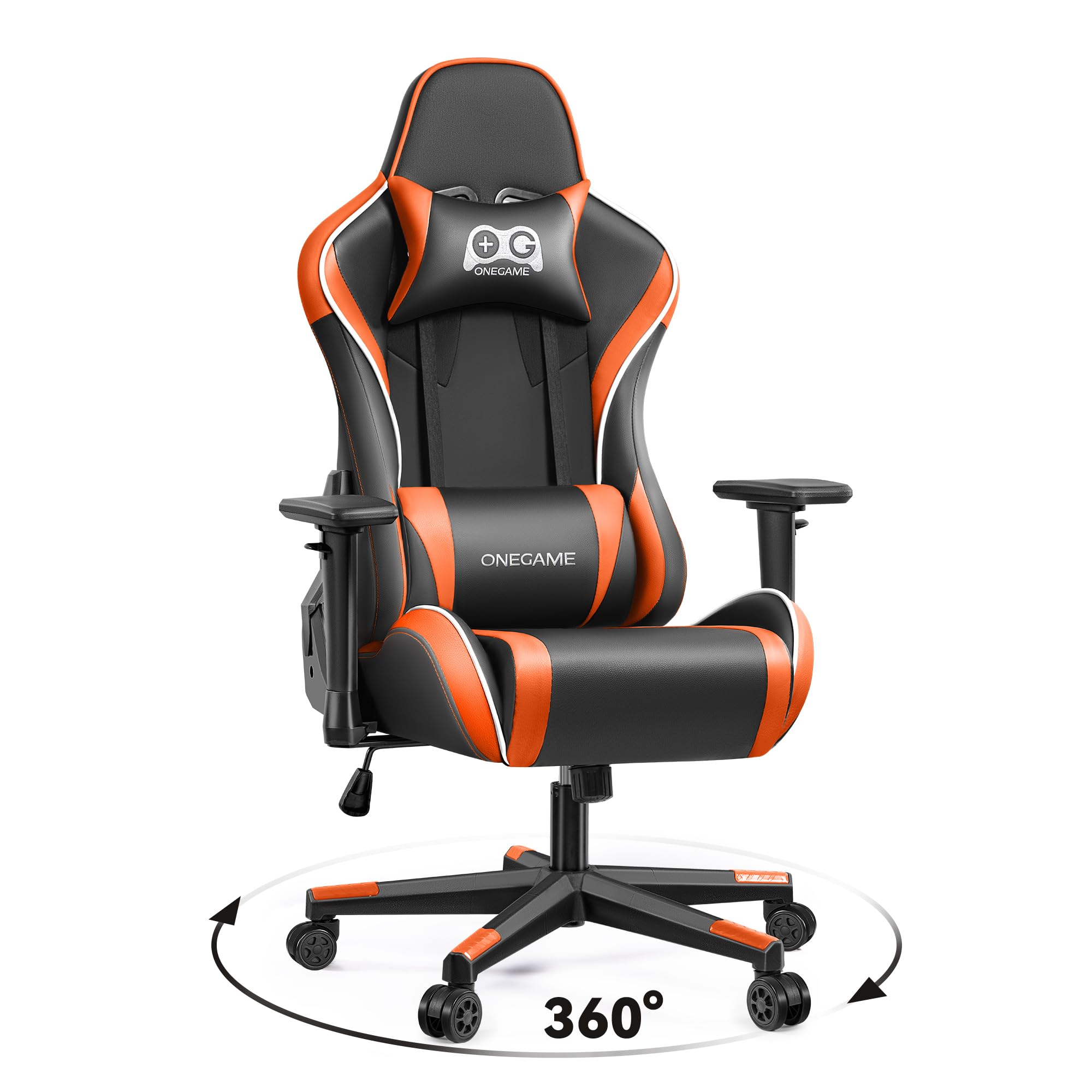 OneGame Gaming Chair for Adults, Ergonomic Computer Gamer Chair, Racing Style Swivel Office Desk Chair with Headrest and Lumbar Support, Blackorange