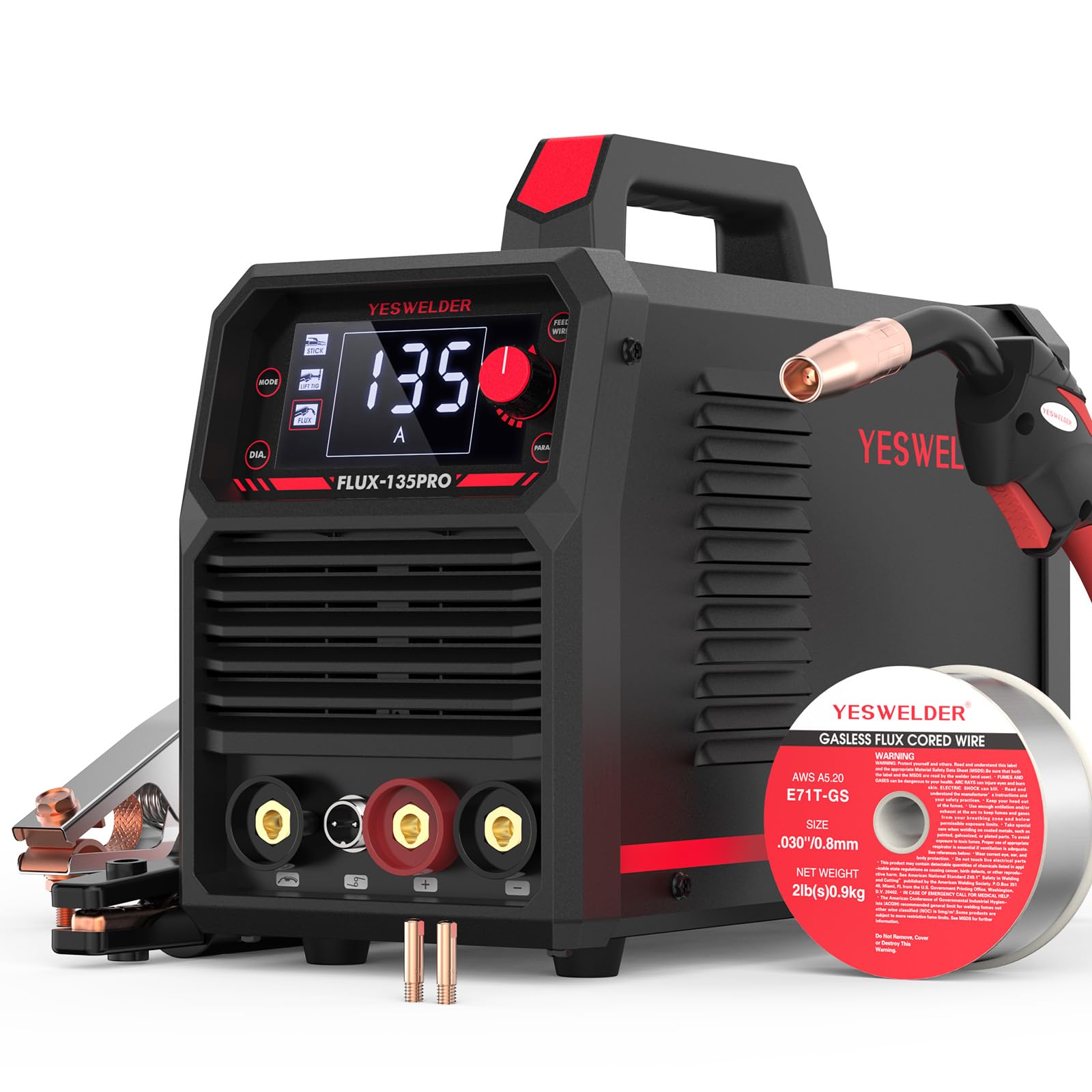 YESWELDER 135Amp MIG Welder,110V Flux Core Welder Flux MIG/Lift TIG/Stick 3-in-1 Large LED Digital Display Welding Machine IGBT Inverter Welder FLUX-135PRO