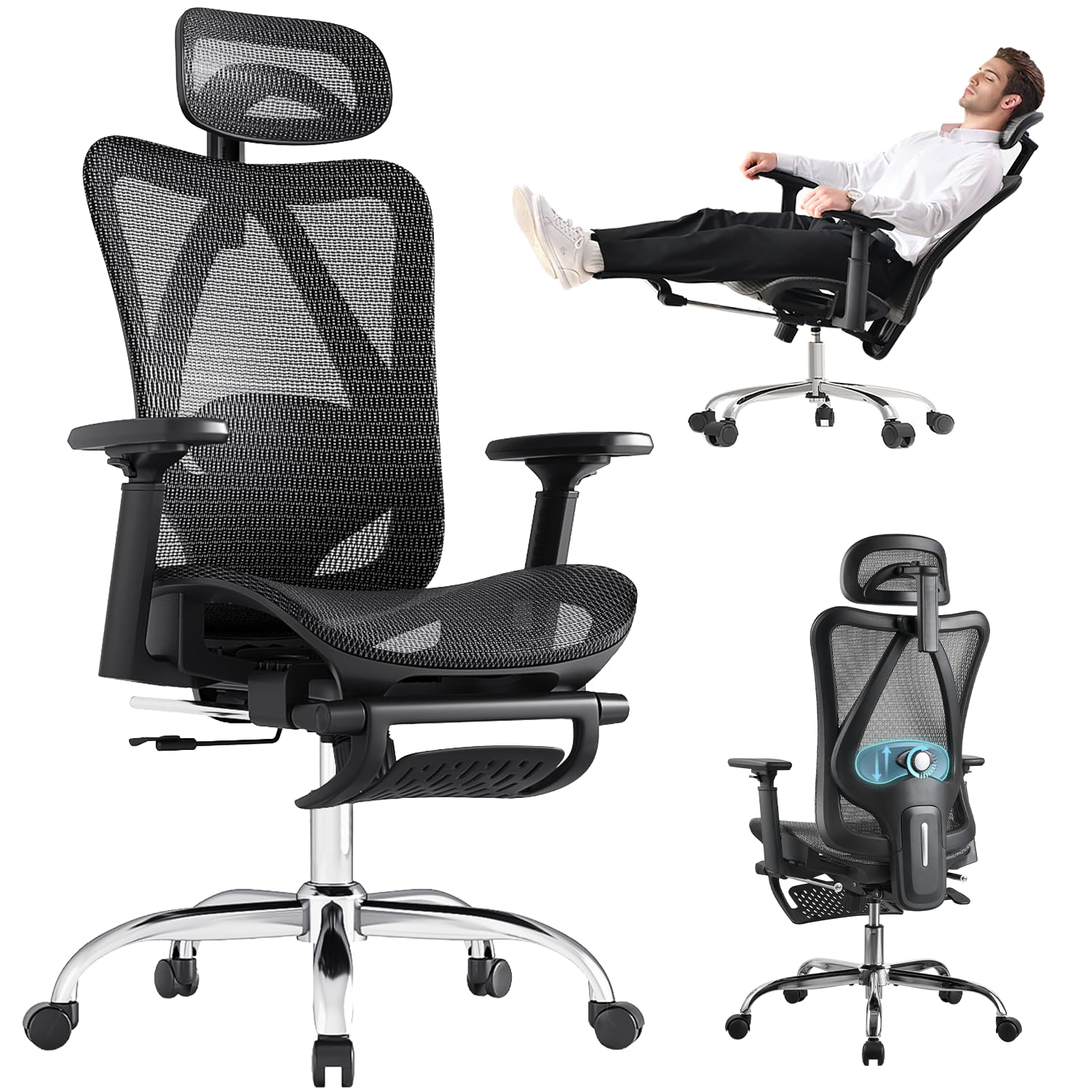 Ergonomic Office Chair, 3-Level Tilt Backrest, 3D Headrest & Armrest and Retractable Footrest, Mesh Breathable SGS Class 4 Gas Clylinder, Dark Grey and Black