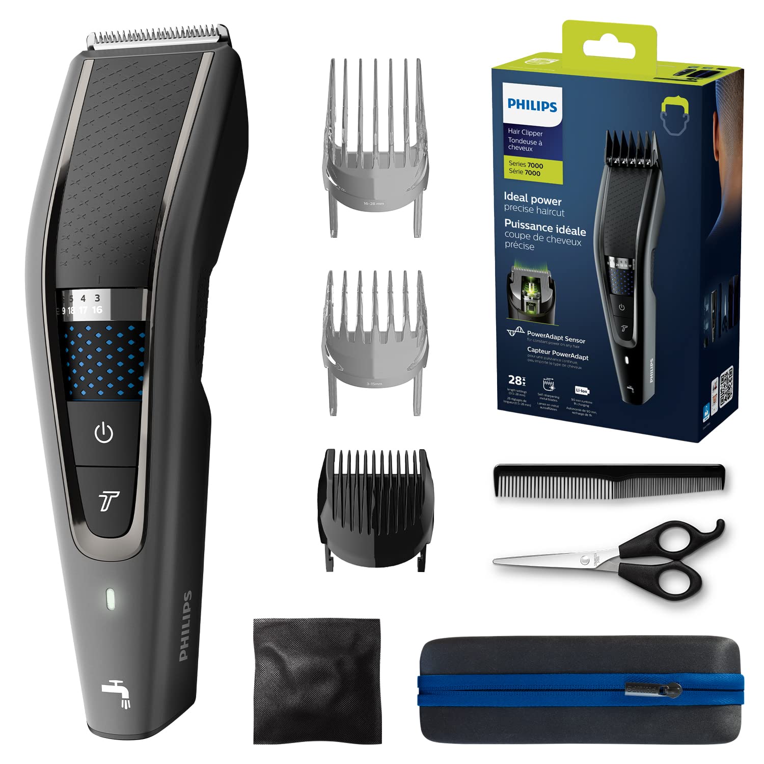 PHILIPS Hairclipper Series 7000-28 Length Settings - 100% Washable - Can be Used with or Without a Cord - 90 Minutes of Battery Life - 3 Combs - Travel case - HC7650/15