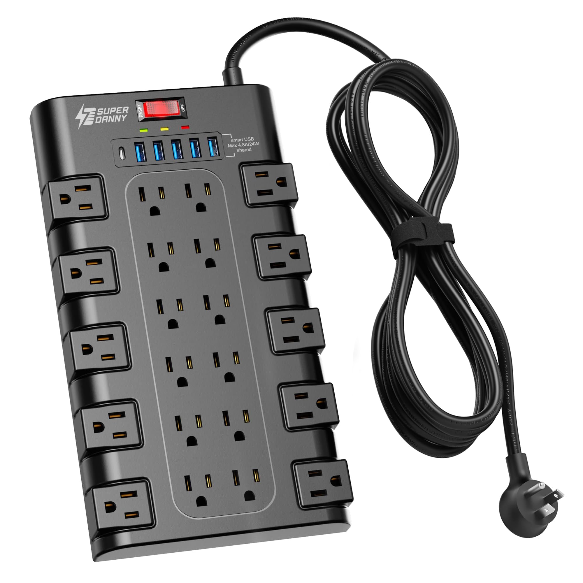 Extension Cord 10 Ft, SUPERDANNY Power Strip Surge Protector with 6 USB Charging Ports and 22 AC Outlets, 1875W/15A, 2100 Joules, Flat Plug Power Outlet for Home, Office, Dorm, Gaming Room, Black