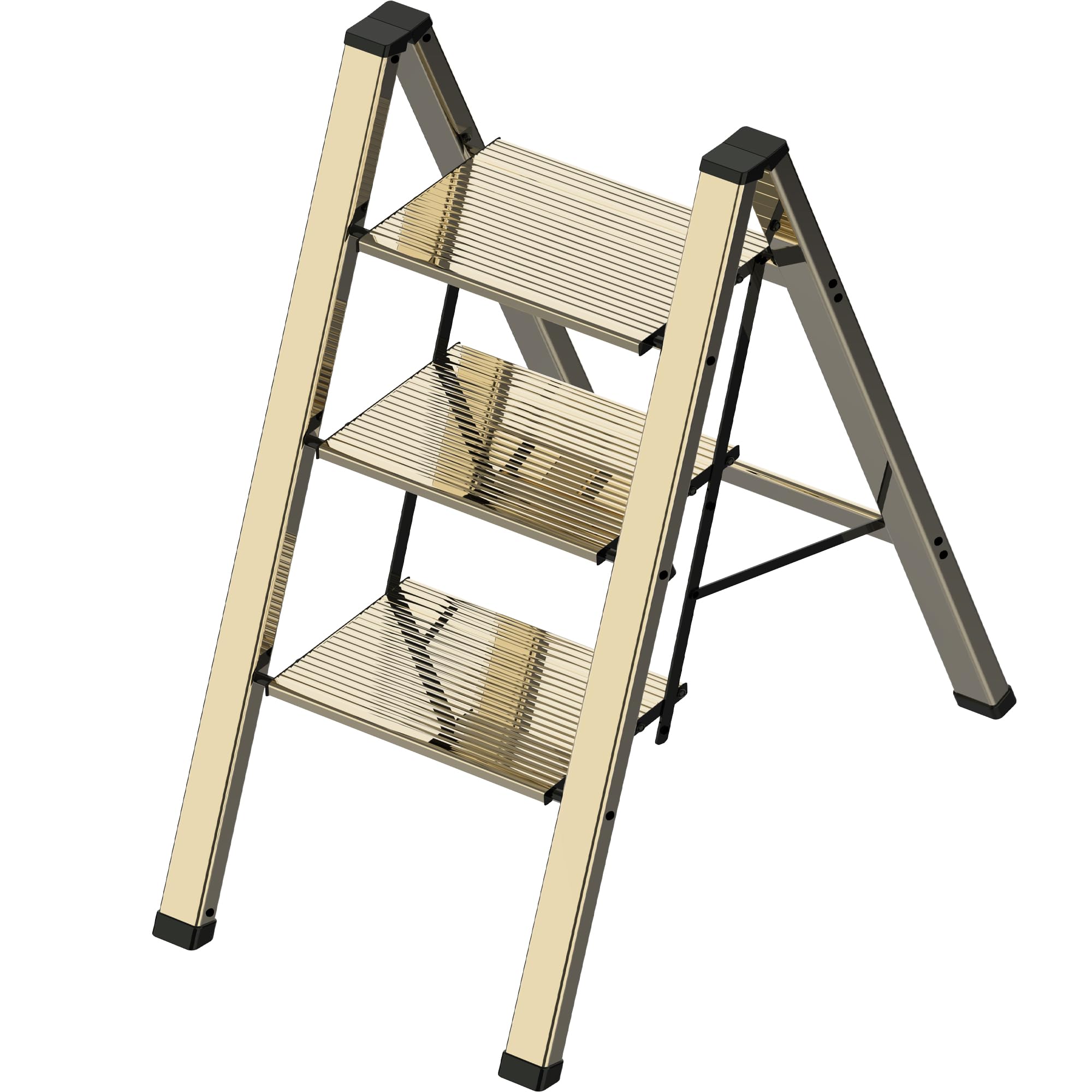 3 Step Lightweight Folding Ladder for Home, 330lbs Aluminum Step Ladder Anti-Slip for Kitchen, Step Stool Foldable Adults for Closet, 330lbs - Champagne Gold