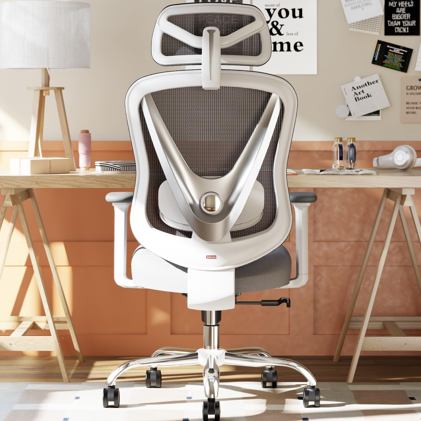 HOLLUDLE Ergonomic Office Chair with 3D Lumbar Support & 3D Adjustable Armrests – V-Shaped Back Design, Adjustable Desk Chair for Office & Home Use, White