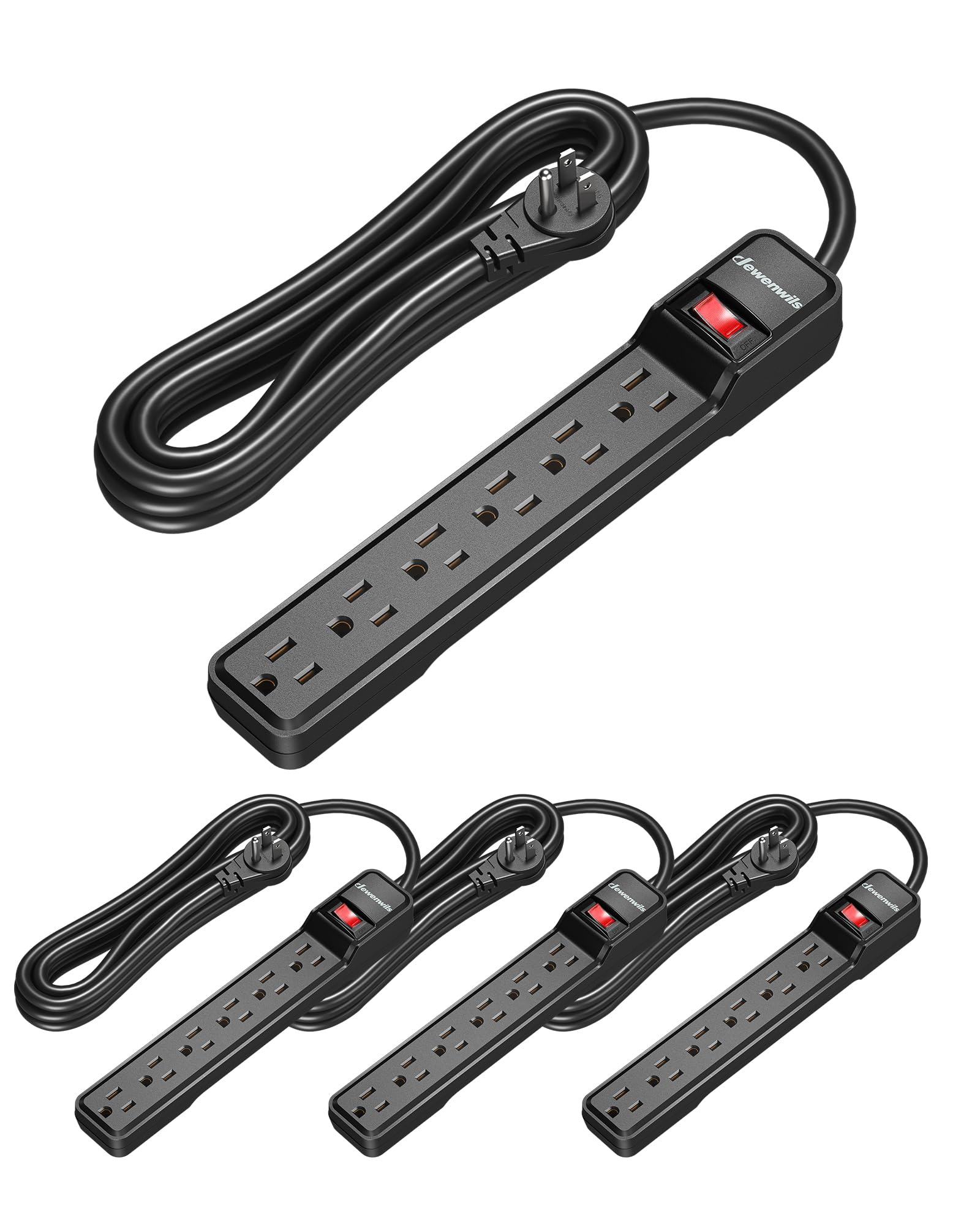 DEWENWILS 15 Foot Long Power Strip, 6-Outlet Power Strip 15FT, 15 Amp Circuit Breaker, Low Profile Flat Plug, Surge Protector for Office, Living Room, Bedroom, 4 Pack, Wall Mount, Black