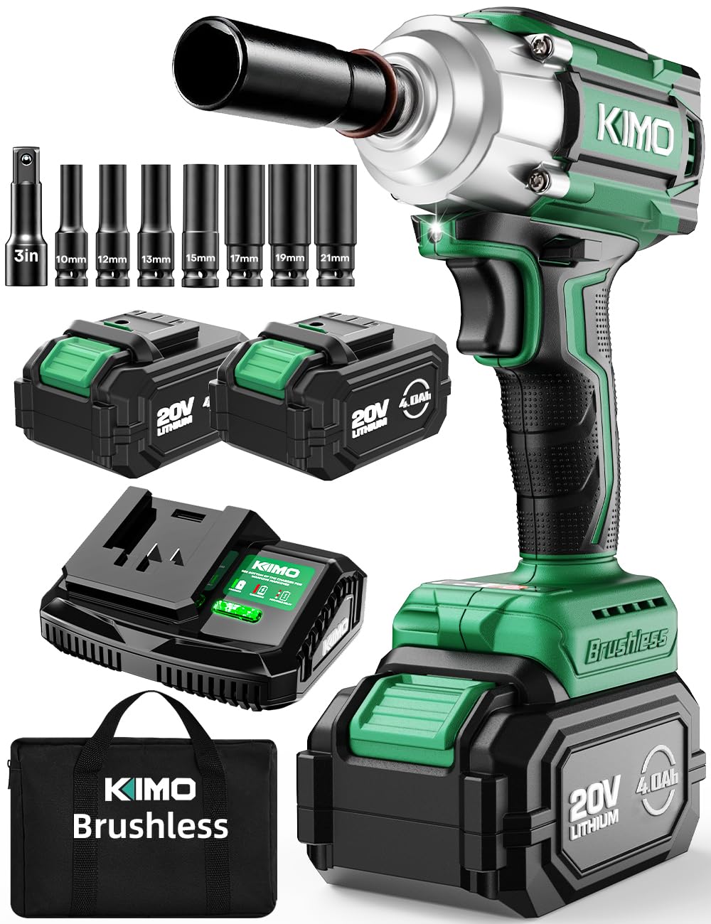 KIMO Impact Wrench 1/2 Cordless,550N.m/406ft-lbs Max Torque & 3000RPM, 2x20V 4.0Ah Battery, Impact Gun with 7 Drive Impact Sockets, 3 Inch Extension Bar, 1 Hour Fast Charger Impact Drill for Car Tires
