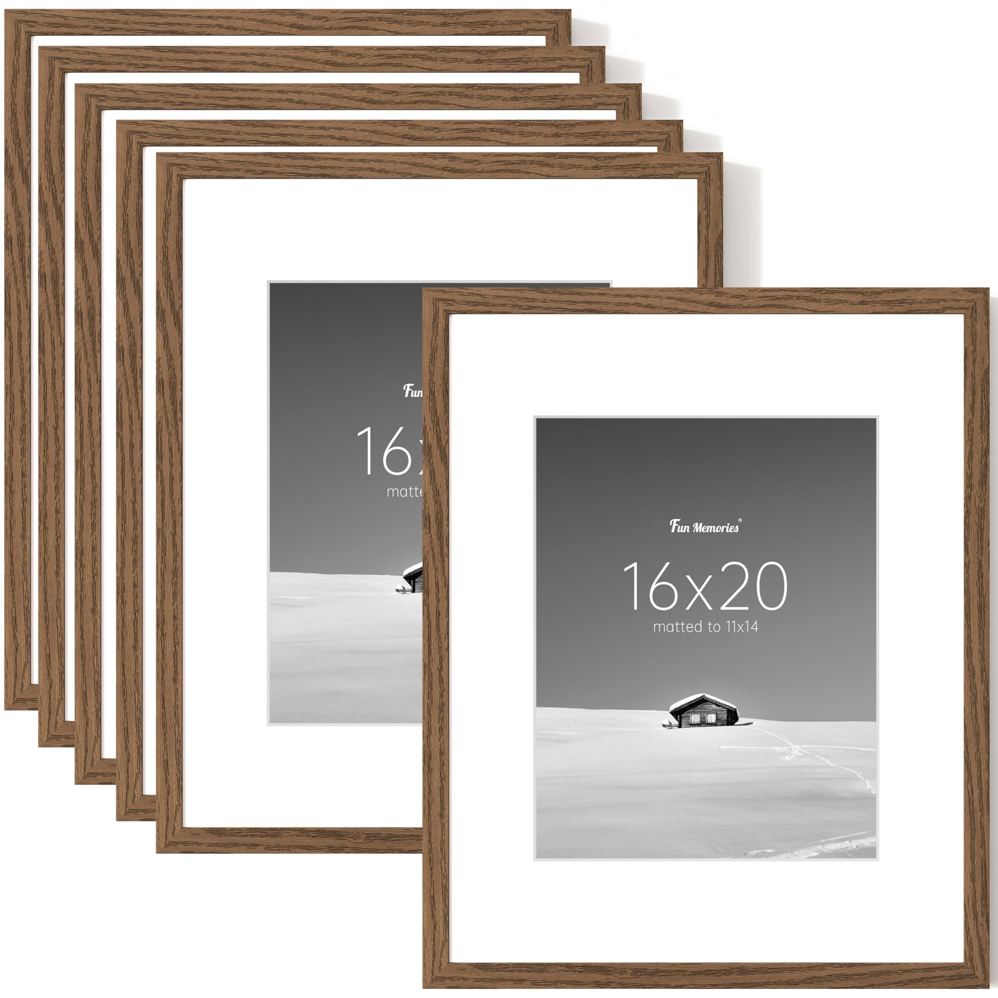 Fun Memories Picture Frame Set of 6, Display Pictures 11x14 with Mat or 16x20 Without Mat, Poster Frame for Wall Hanging Horizontally and Vertically, Walnut