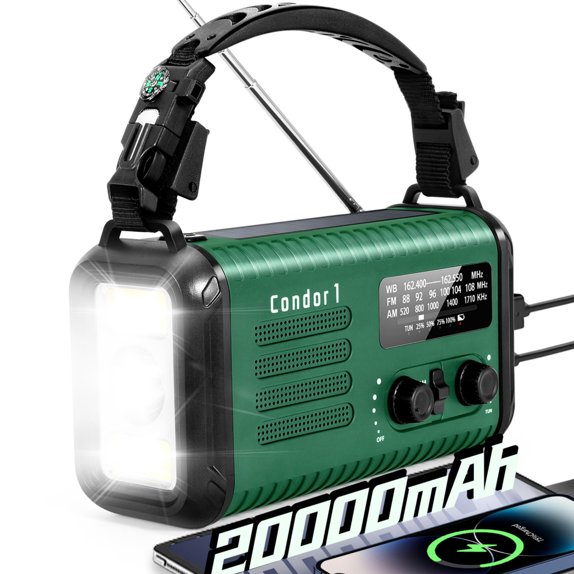 Emergency Crank Radio, 20000mAh / 74000mWh Solar Hand Crank Weather Radio with NOAA/AM/FM, Battery Powered Radio with Cell Phone Charger, Reading Lamp, Flashlight & SOS for Emergencies/Home