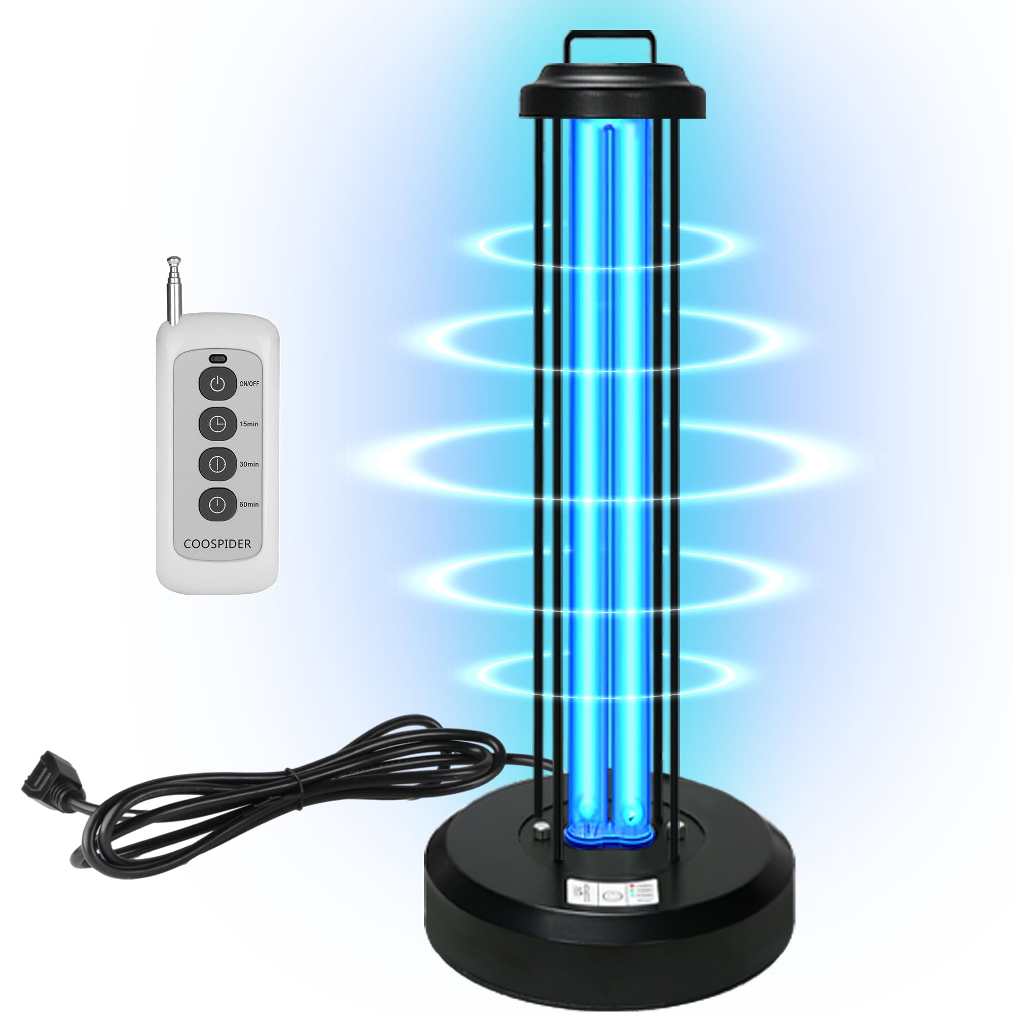COOSPIDER UV 38 Watts Ozone Free UVC Lamp w/Remote Control 253.7nm wavelength UVC Light for Home Office School, 3-Gear Timer 15/30/60 Minutes 110V CTUV-38