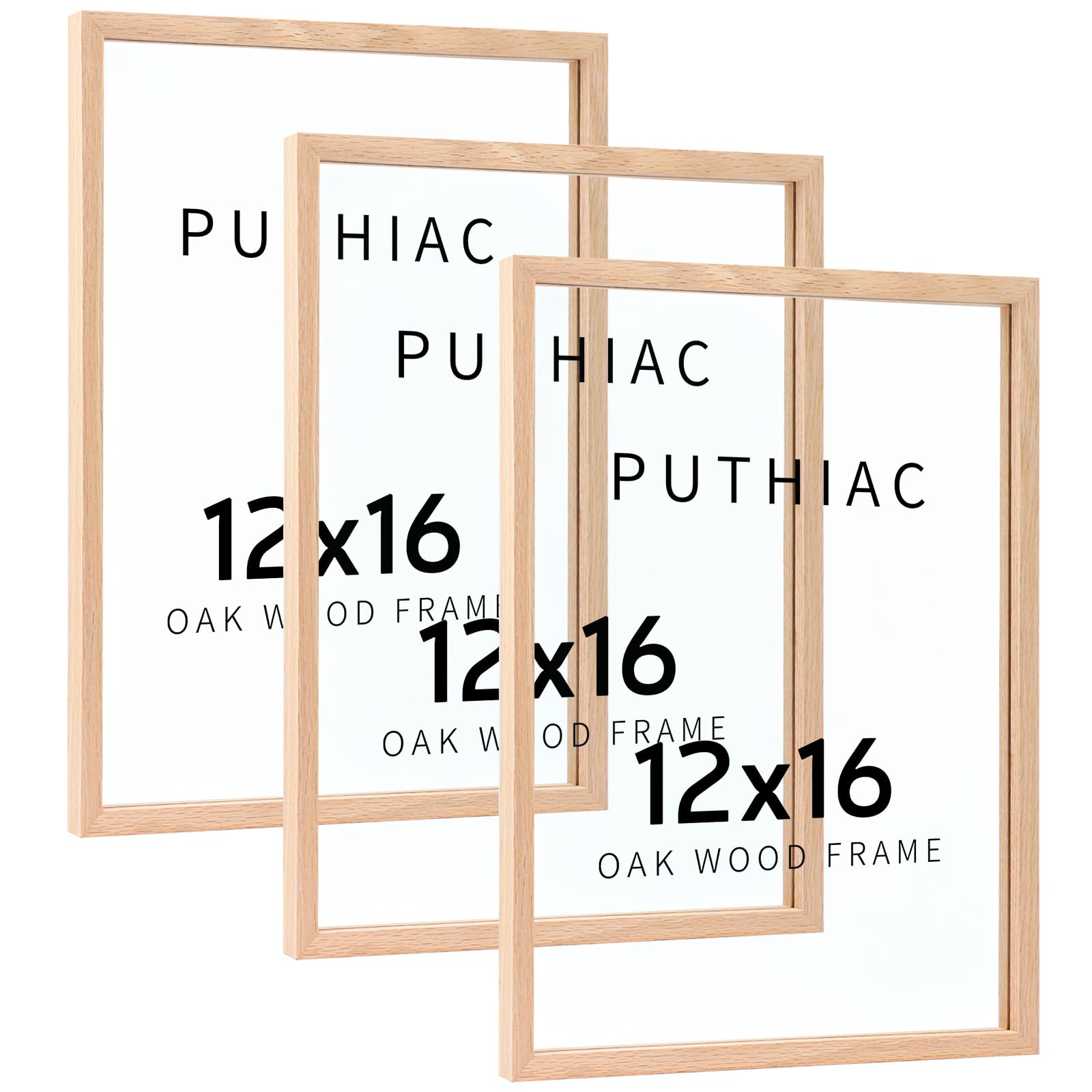 puthiac 12x16 Floating Picture Frames - 12"x16" Oak Wood Picture Frame, Double-Sided Tempered Glass Floating Picture Frames 11x14,9x12,8.5x11,8x10,5x7,4x6 Wood Frame(Set of 3)