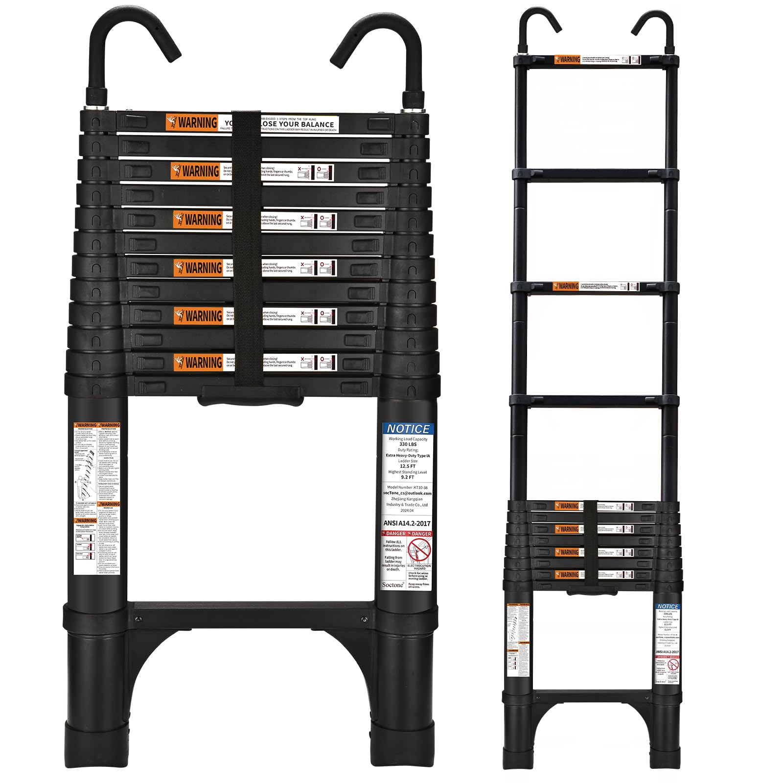 HBTower Telescoping Ladder, 12.5 FT Aluminum Extension Ladder with 2 Detachable Hooks, Heavy Duty 330lbs Max Capacity, Multi-Purpose Collapsible Ladder for RV, Household and Outdoor Working, Black
