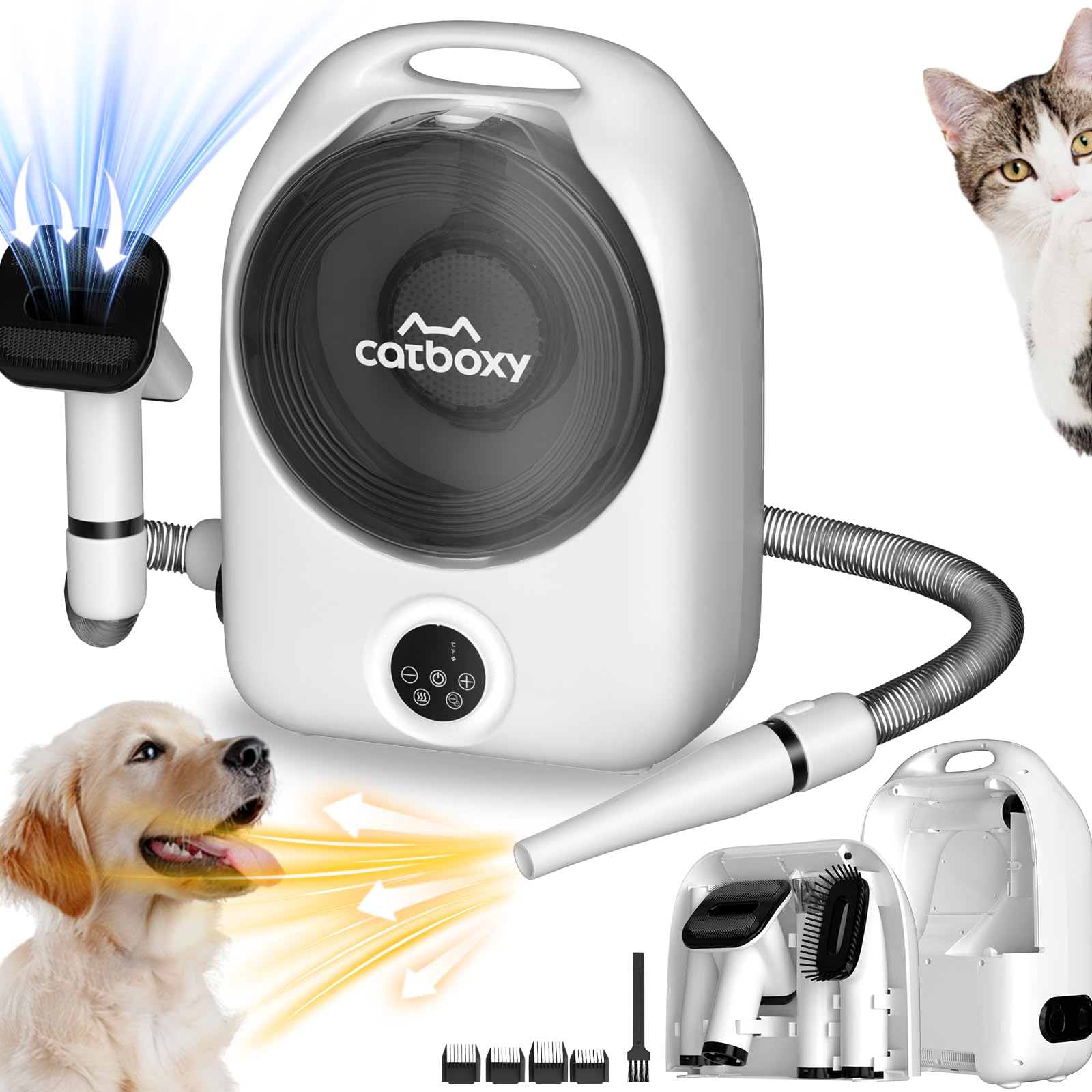 Catboxy 5-in-1 Dog Vacuum Grooming Kit, Low Noise Doggie Hair Blow Dryer, 2.5L Canister, Portable Pet Trimmers for Dogs, White