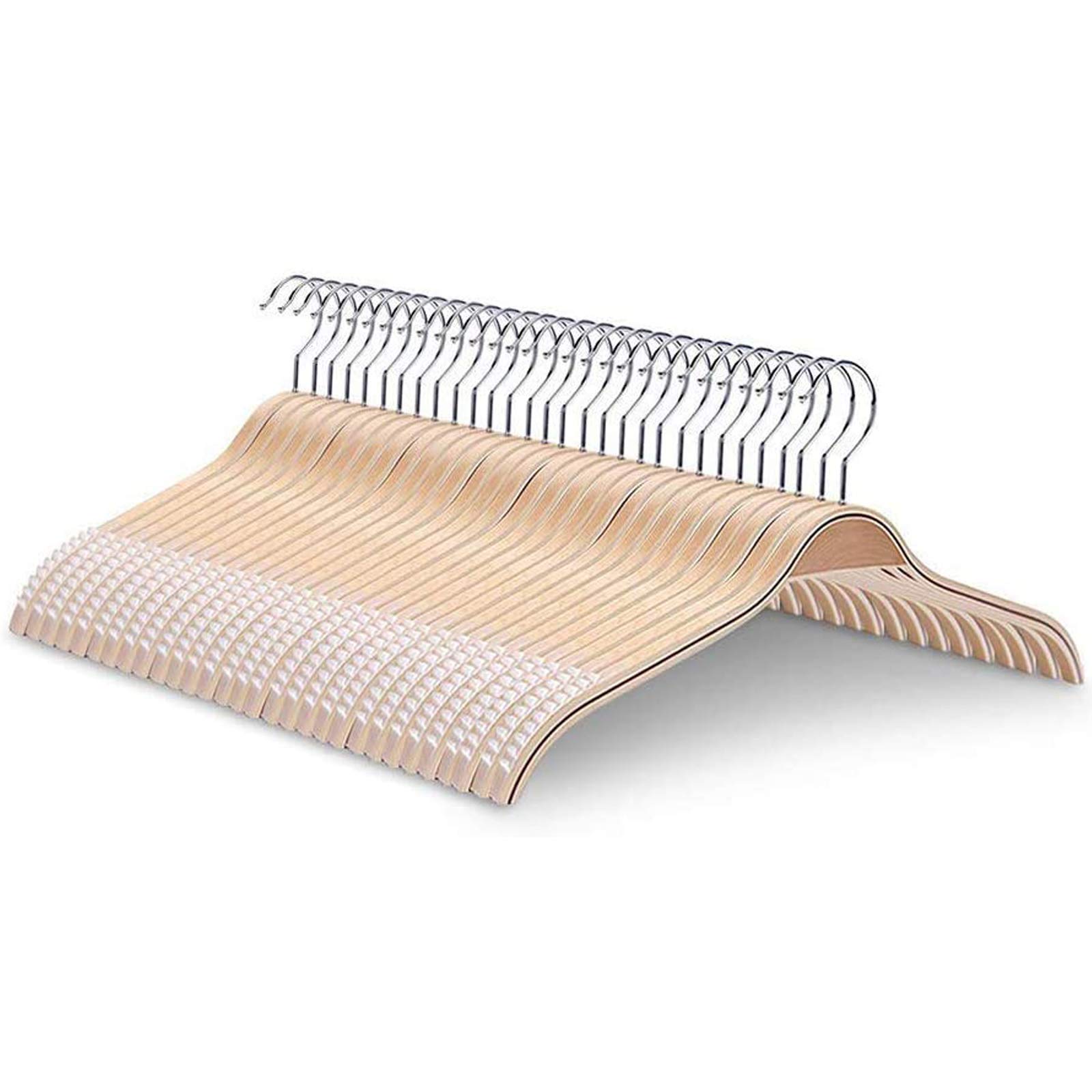 JS HANGER Lightweight Non Slip Wooden Hangers - 30 Pack Heavy Duty Wood Coat Hangers with Soft Stripes for Camisole, Jacket, Dress Clothes, Sweater, Natural Finish